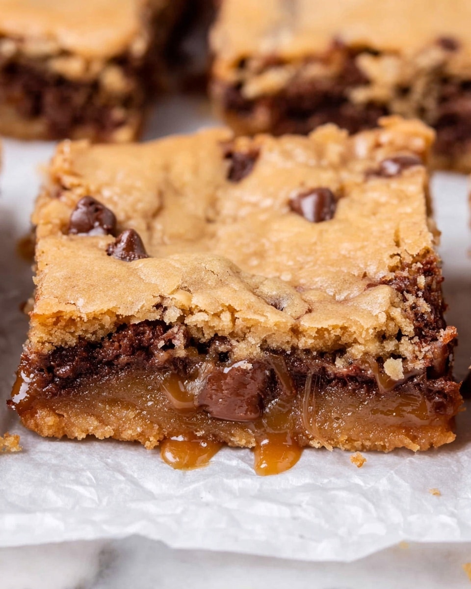 A close-up view of a square-shaped blondie bar resting on crumpled white parchment paper over a white marbled surface. It has three visible layers: the top layer is a golden brown cookie-like crust with a slightly cracked texture and chocolate chips embedded. The middle layer is a thick, gooey caramel with melted chocolate mixed in, showing a rich, glossy shine. The bottom layer looks dense and fudgy with a mix of chocolate chunks and caramel dripping slightly at the edges. Photo taken with an iphone --ar 4:5 --v 7