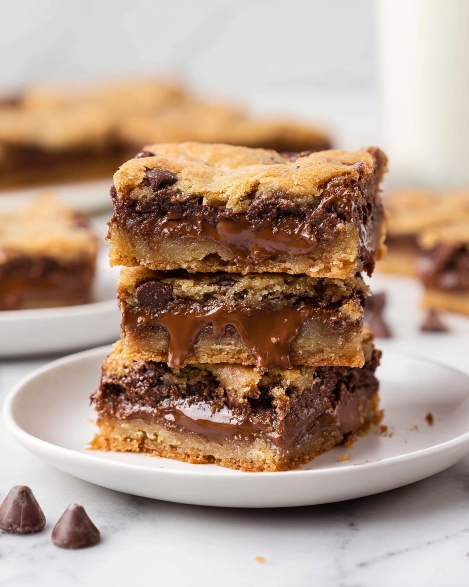A stack of three gooey chocolate chip cookie bars sits centered on a simple white plate, each bar showing three layers: the top and bottom layers are golden brown cookie dough with a slightly crisp texture, and the middle layer is thick, melted chocolate that looks rich and creamy, slightly oozing out between the cookie layers; the background features a soft white marbled surface with more cookie bars blurred out in the distance, and a couple of chocolate chips lying near the plate add a touch of detail, photo taken with an iphone --ar 4:5 --v 7
