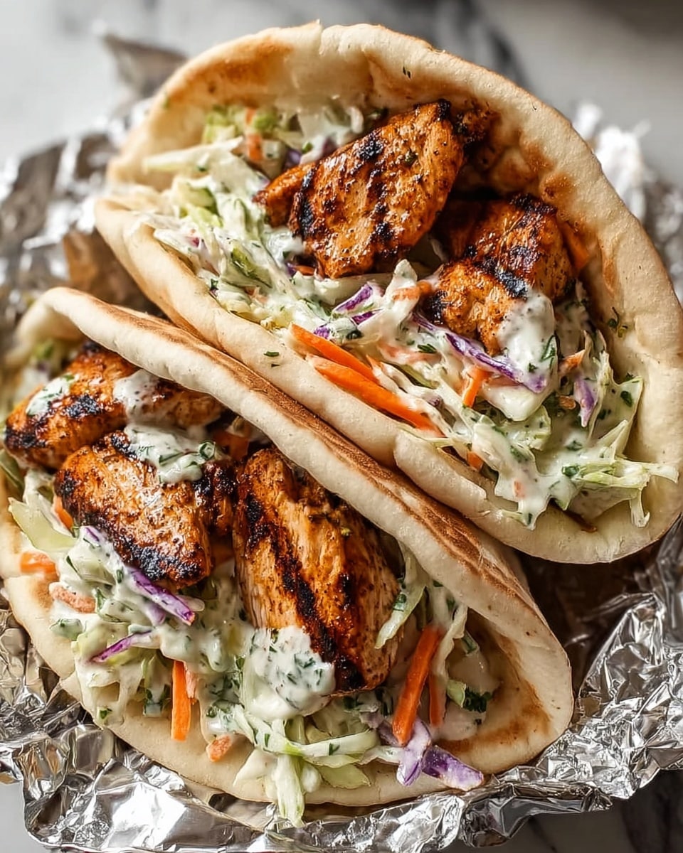 The image shows two pita pockets filled with grilled chicken and a creamy coleslaw mix. Each pita is slightly browned and soft, folded gently to hold the filling. The grilled chicken pieces are golden-brown with char marks, sitting on top of a layer of coleslaw made of finely shredded green and purple cabbage, and thin orange carrot strips, all coated in a white, creamy dressing with visible specks of herbs. The pita wraps rest on crumpled silver foil placed on a white marbled surface. photo taken with an iphone --ar 4:5 --v 7