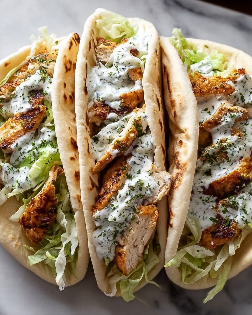 Three flat pita breads are folded and filled with grilled chicken pieces that have a golden brown, slightly crispy look on the outside. Under the chicken, there is a mix of shredded lettuce and thin slices of onion, all coated in a creamy white sauce with green herbs sprinkled throughout. The pita breads have light grill marks and are soft but slightly toasted. The background is a white marbled surface. photo taken with an iphone --ar 4:5 --v 7
