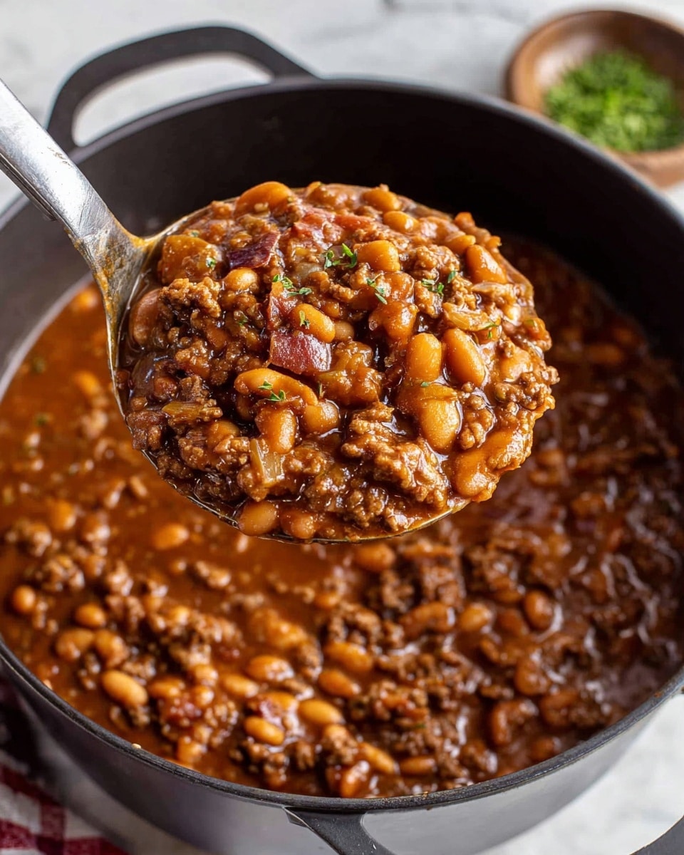A close-up of a metal ladle holding a thick scoop of baked beans mixed with browned ground meat and small bits of vegetables in a rich, glossy brown sauce. The ladle is over a black pot filled with more of the same mixture, showing many layers of soft, shiny beans and meaty bits evenly spread in the sauce. The scene is set on a white marbled surface with a small bowl of green herbs partially visible on the side. photo taken with an iphone --ar 4:5 --v 7