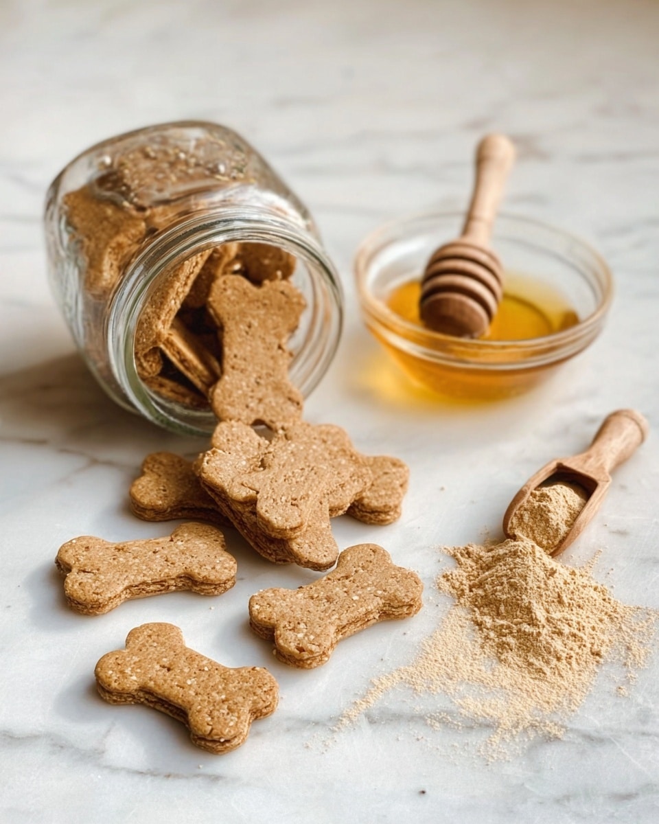 The image shows a small glass jar tipped over, with several light brown, bone-shaped dog biscuits spilling out onto a white marbled surface. The biscuits have a rough, grainy texture with visible seeds or grains inside them. Next to the jar is a wooden honey dipper resting in a small, clear glass bowl filled with golden honey. There is a small pile of light brown powder with a wooden scoop lying on top near the biscuits. The overall look is simple, natural, and cozy with soft lighting. Photo taken with an iphone --ar 4:5 --v 7