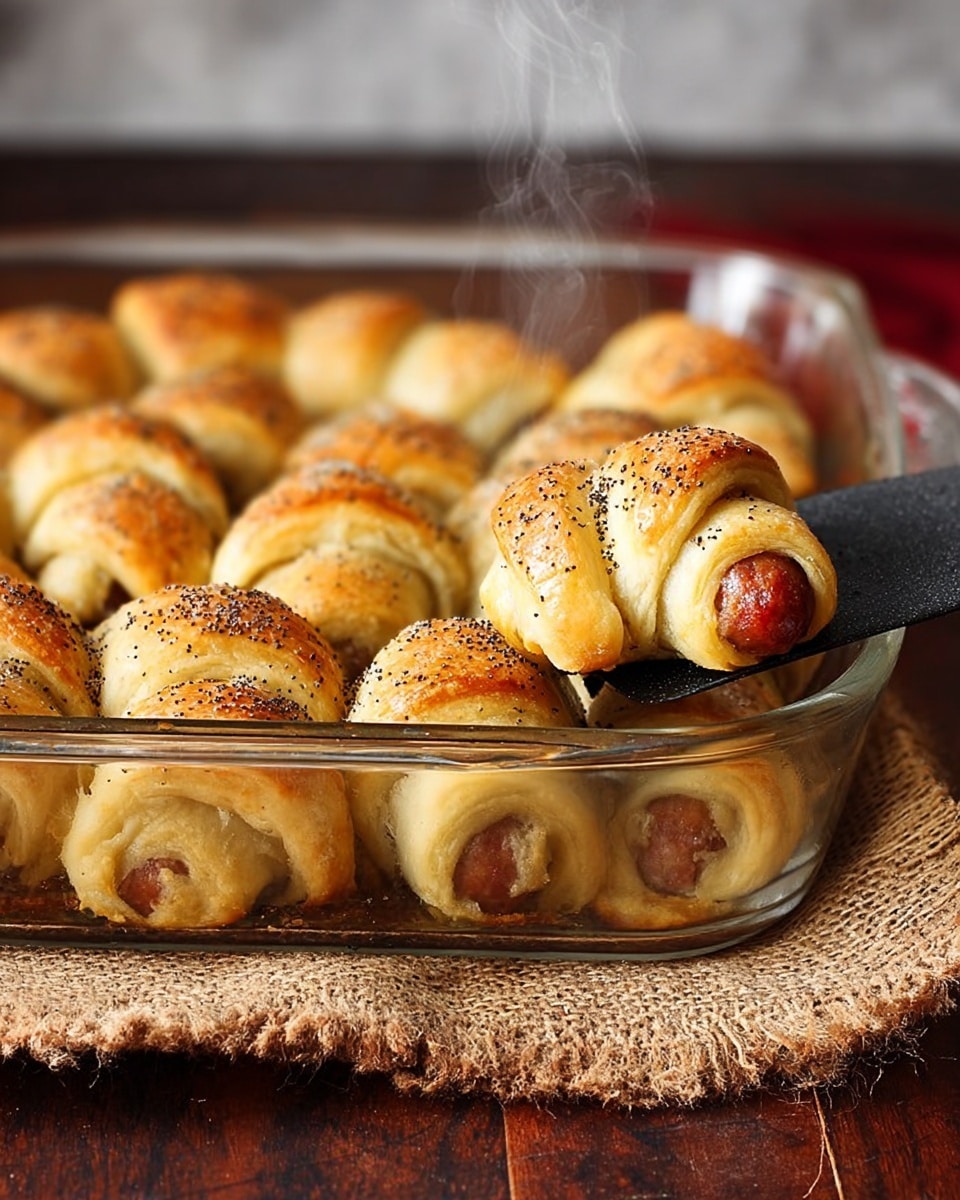 The image shows a clear glass baking dish filled with golden-brown crescent rolls, each wrapped around small sausages. The rolls have a soft and flaky texture with a light sheen on top, sprinkled with black pepper or poppy seeds. One crescent roll is being lifted out by a black spatula, showing the sausage inside surrounded by the warm, fluffy dough. The baking dish sits on a rough beige cloth over a dark wooden surface, with a white marbled texture background. Steam rises from the hot rolls, making them look fresh and tasty. photo taken with an iphone --ar 4:5 --v 7