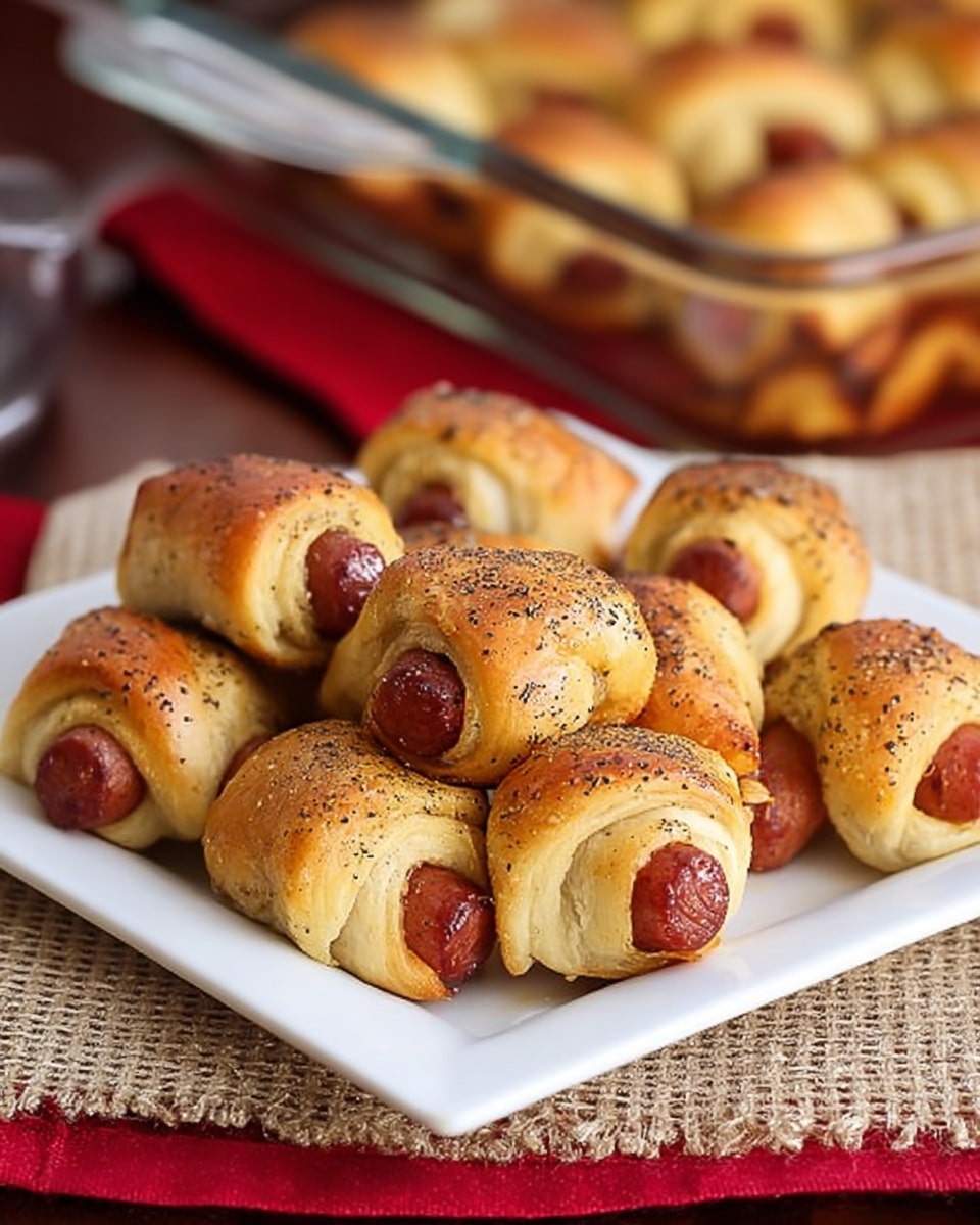 The image shows a white square plate filled with golden brown mini sausages wrapped in crescent roll dough, each topped with a sprinkle of black pepper. The dough is flaky and slightly shiny, tightly wrapping the reddish-brown sausages with the ends exposed. The plate is placed on a white marbled surface with a textured tan cloth underneath and a red cloth beside it. In the background, there is a blurred glass baking dish holding more of the same mini sausage rolls. Photo taken with an iphone --ar 4:5 --v 7