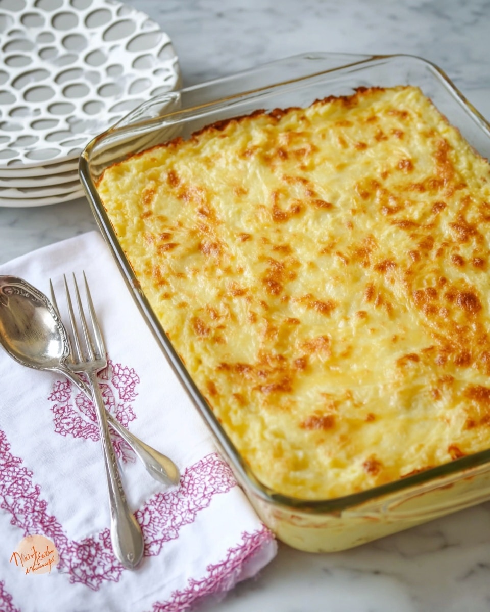 A glass baking dish filled with a creamy, golden-brown baked casserole with a slightly crispy top layer of melted cheese that has some light browning and texture. The casserole looks thick and rich with a smooth, creamy surface underneath the cheese. Below the baking dish, there is a white plate with circle cut-out details at the edge, a silver fork and serving spoon with pattern cut-outs lying next to it on a white fabric with pink embroidery. The whole setup is on a white marbled texture surface. photo taken with an iphone --ar 4:5 --v 7
