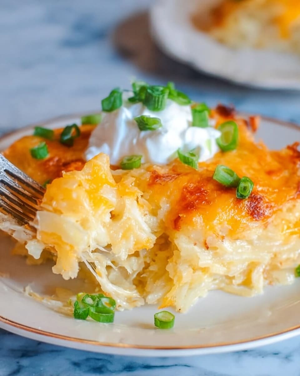 The dish shows a white plate filled with a layered cheesy baked casserole. The bottom layer looks soft and creamy with shredded potatoes or hashbrowns visible, covered by a thick, golden melted cheese layer on top. There is a dollop of white sour cream placed in the center on top of the cheese. Small green chopped scallions are sprinkled over the casserole and sour cream, adding fresh color. A piece of the casserole is being lifted with a fork, showing the melted cheese stretch as it pulls away. The plate is placed on a white marbled surface photo taken with an iphone --ar 4:5 --v 7