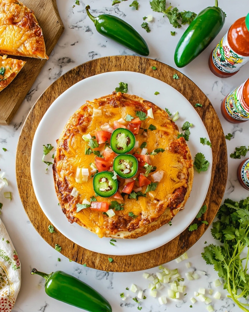 A small, round pizza with two thin layers of crust topped with melted golden-yellow cheddar cheese. On top, there are slices of bright green jalapeño peppers, small red tomato cubes, and tiny white onion pieces scattered over an orange-red tomato sauce base. Some fresh green cilantro leaves add a touch of color on top. The pizza sits on a white plate placed on a round wooden board. Around the plate, there are whole green jalapeños, small bottles of red and green hot sauce, and scattered chopped onions and cilantro on a white marbled surface. Photo taken with an iphone --ar 4:5 --v 7