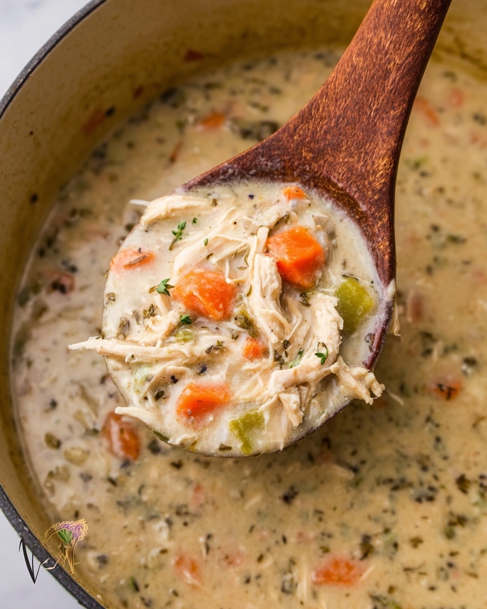 A close-up view of a thick creamy soup in a pot, showing a wooden spoon lifting a scoop filled with shredded chicken, bright orange carrot pieces, small green vegetable bits, and specks of herbs. The soup has a rich, slightly chunky texture with a beige base mixed with the colorful vegetables and herbs throughout. The wooden spoon has a smooth, natural brown finish contrasting with the soup's soft, creamy colors. The background is a white marbled texture. photo taken with an iphone --ar 4:5 --v 7