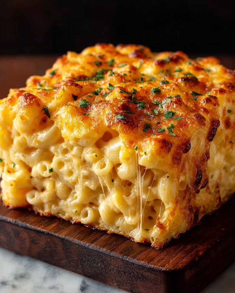 A thick square block of macaroni and cheese sits on a dark wooden board over a white marbled texture. The dish has three visible layers: at the bottom and middle, soft pale yellow macaroni noodles coated in creamy melted cheese, and on top, a golden-brown crust of baked cheese with small darker browned spots. Small green herb pieces are sprinkled over the top crust, adding color contrast. The side view shows creamy cheese stretching slightly between the macaroni, giving a rich and gooey look. Photo taken with an iphone --ar 4:5 --v 7