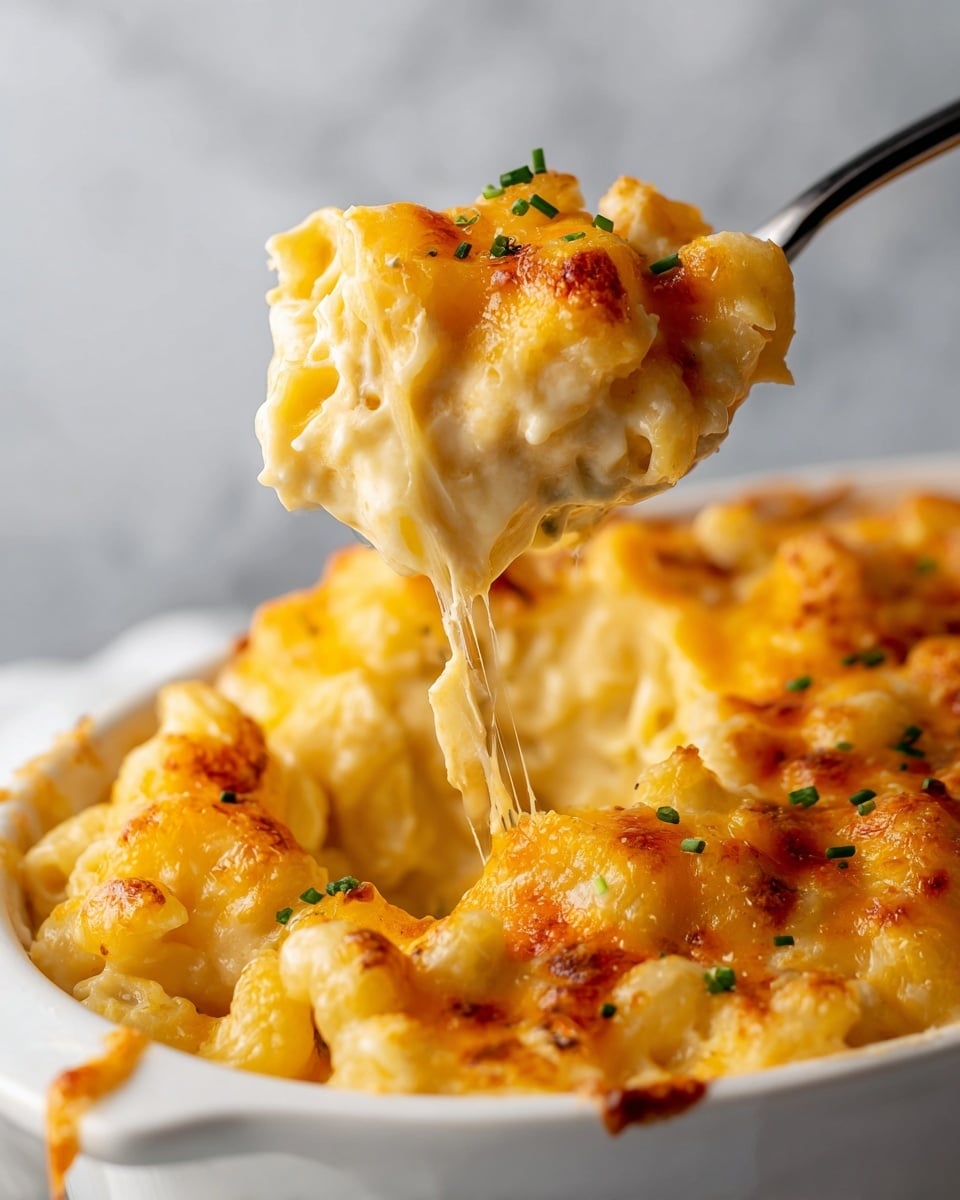 A close-up image shows a spoonful of baked macaroni and cheese being lifted from a white dish on a white marbled surface. The macaroni pasta is covered in three visible layers: a creamy, pale yellow cheese sauce at the bottom, a thick layer of melted, golden-yellow cheddar cheese on top, with some parts browned and bubbly from baking. Small green chives are sprinkled on the top layer, adding a touch of color. The cheese stretches in strings as the spoon lifts the pasta, showing the gooey texture. Photo taken with an iphone --ar 4:5 --v 7