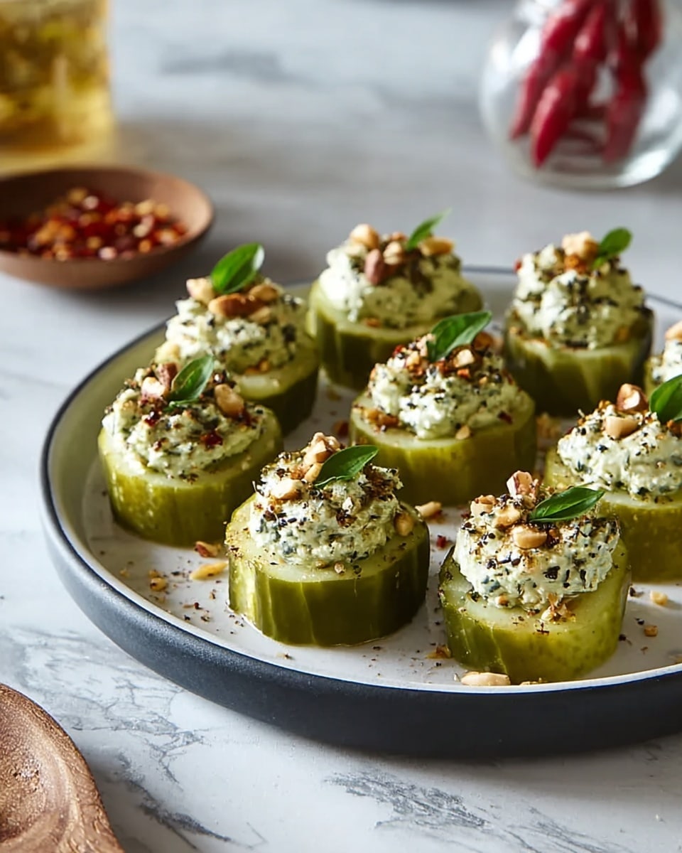 There are eight thick slices of green pickles placed evenly on a round white plate. Each slice is topped with a creamy light green dollop mixed with small bits of dark herbs, giving it a textured look. The creamy topping is garnished with small chopped brown nuts and a small fresh green leaf on each. The plate rests on a white marbled surface, with a blurred jar and a bowl of red chili peppers in the background. photo taken with an iphone --ar 4:5 --v 7