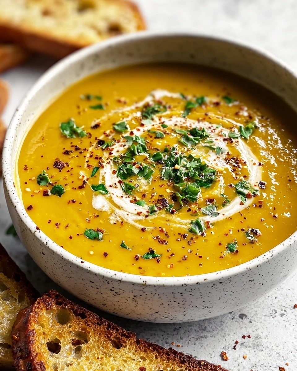 A bowl of thick yellow-orange soup fills the bowl, topped with a swirl of white cream, small green chopped herbs, and scattered reddish-brown spice powder. The bowl is white with a speckled pattern and sits on a white marbled textured surface. Around the bowl, there are pieces of toasted bread with a golden crust, some slightly out of focus. The soup looks smooth and warm with a creamy texture. Photo taken with an iphone --ar 4:5 --v 7