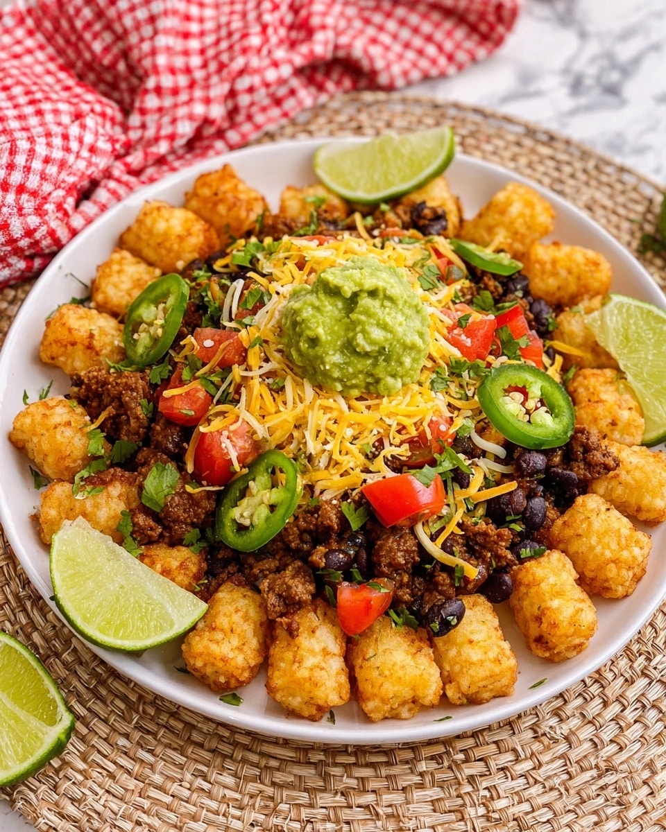A white plate filled with a base layer of golden, crispy tater tots covering the bottom. On top of the tater tots is a layer of cooked ground beef mixed with black beans, giving a dark brown and black speckled look. Scattered among the meat are diced red tomatoes and chopped green herbs. Slices of bright green jalapeño rings are laid on top, adding fresh color. A small scoop of green guacamole sits in the center of the dish, crowned with a sprinkle of yellow shredded cheese that also decorates other areas. Four lime wedges are placed around the edges of the plate. The plate sits on a woven textured mat with a red and white checked cloth nearby, all on a white marbled surface. Photo taken with an iphone --ar 4:5 --v 7