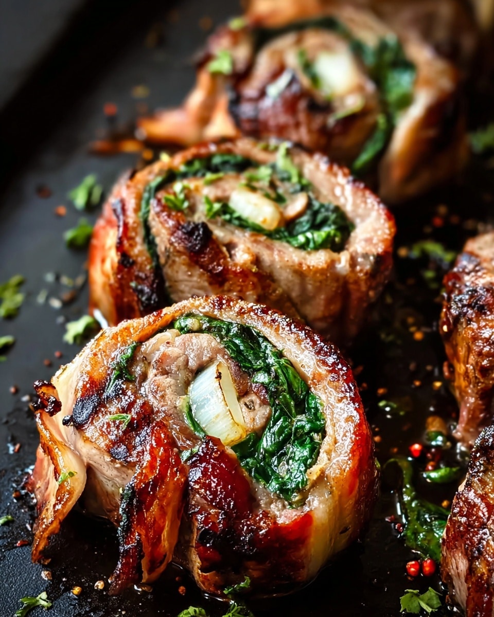 The image shows close-up pieces of rolled meat cooked with char marks on the surface. Each roll has visible layers: the outer layer is browned grilled meat with a slightly crispy texture, the middle layer reveals a pale white onion slice wrapped inside, and the innermost layer contains bright green cooked spinach leaves. The rolls are placed close together on a dark cooking surface with small scattered spices and herbs around them. The meat looks juicy with slight oil sheen. Photo taken with an iphone --ar 4:5 --v 7