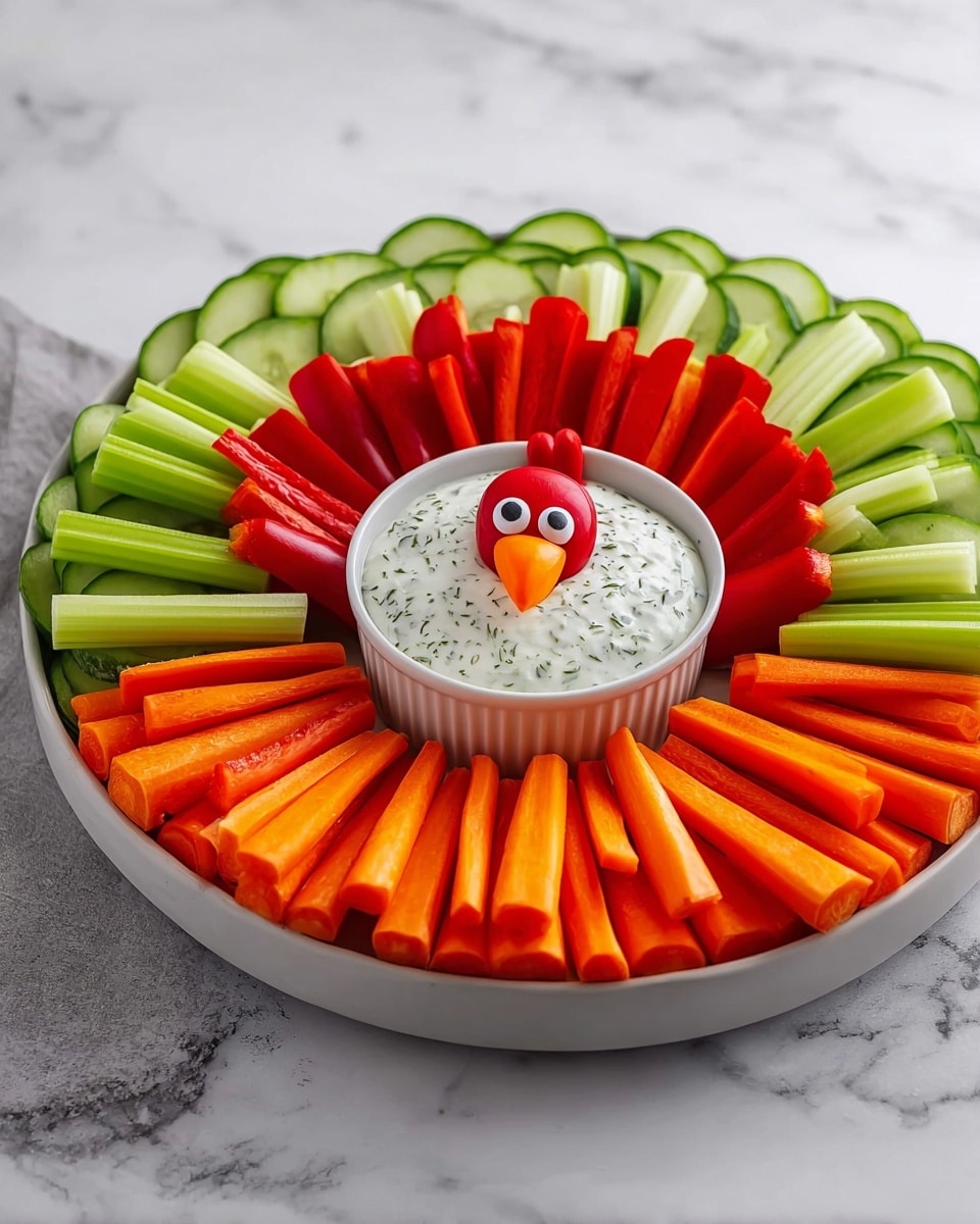A round white plate holds a colorful vegetable arrangement on a white marbled surface. The outermost layer is made of thin green cucumber slices neatly placed in a ring around the edge. Inside this, there is a layer with green celery sticks and red bell pepper pieces arranged alternately, standing upright. The next layer features a circle of bright orange baby carrots standing upright around a small white bowl in the center, filled with white dip speckled with green herbs. On top of the dip in the bowl, a red bell pepper piece is shaped like a turkey head with two small white eyes and a small carrot piece as the beak. The plate is tidy and visually balanced. Photo taken with an iphone --ar 4:5 --v 7