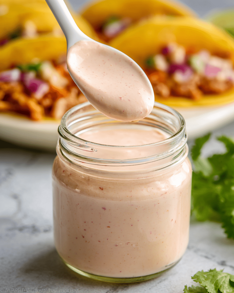 A clear glass jar filled with smooth, creamy sauce of light pink color, with small darker pink specks. A white ceramic spoon holding some of the sauce hovers slightly above the jar, showing the sauce’s thick and soft texture. In the blurry background, there are yellow tacos topped with bits of red onion and other ingredients on a white marbled surface. Some green cilantro leaves are partly visible near the bottom right corner. photo taken with an iphone --ar 4:5 --v 7