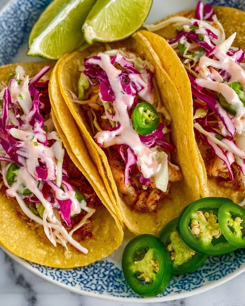The image shows three yellow corn tacos arranged side by side on a white plate with a blue pattern. Each taco has a golden-brown cooked filling, topped with shredded red and white cabbage slaw mixed with a light pink creamy sauce. There are two green lime wedges placed at the bottom of the plate, and two slices of fresh jalapeño pepper with seeds visible on the top right corner. The tacos have a slightly toasted texture, and the whole scene is on a white marbled surface. photo taken with an iphone --ar 4:5 --v 7