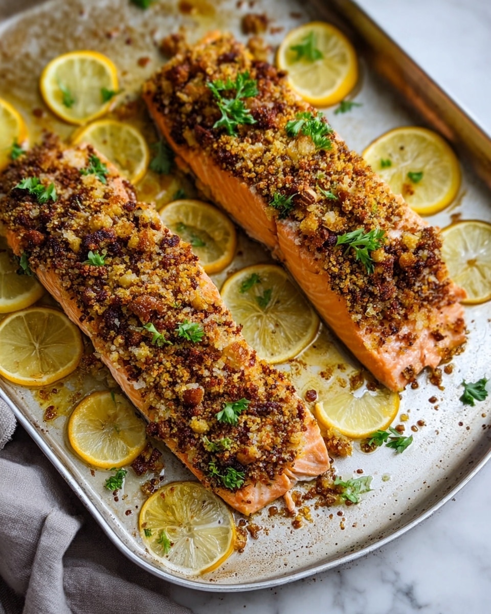 Two cooked salmon fillets rest side by side in a white pan, each topped with a coarse, golden brown crust mixed with darker nutty bits and spices. The salmon's pink flesh is visible beneath the browned crust, showing grill marks and tender layers. Around the salmon pieces, bright yellow lemon slices with a glossy texture are placed evenly, some laying flat and others slightly tilted. Small green parsley leaves are scattered across the dish, adding a fresh contrast to the warm colors. The pan has a slightly worn metal texture with darker patches on the edges, all set on a white marbled surface. photo taken with an iphone --ar 4:5 --v 7