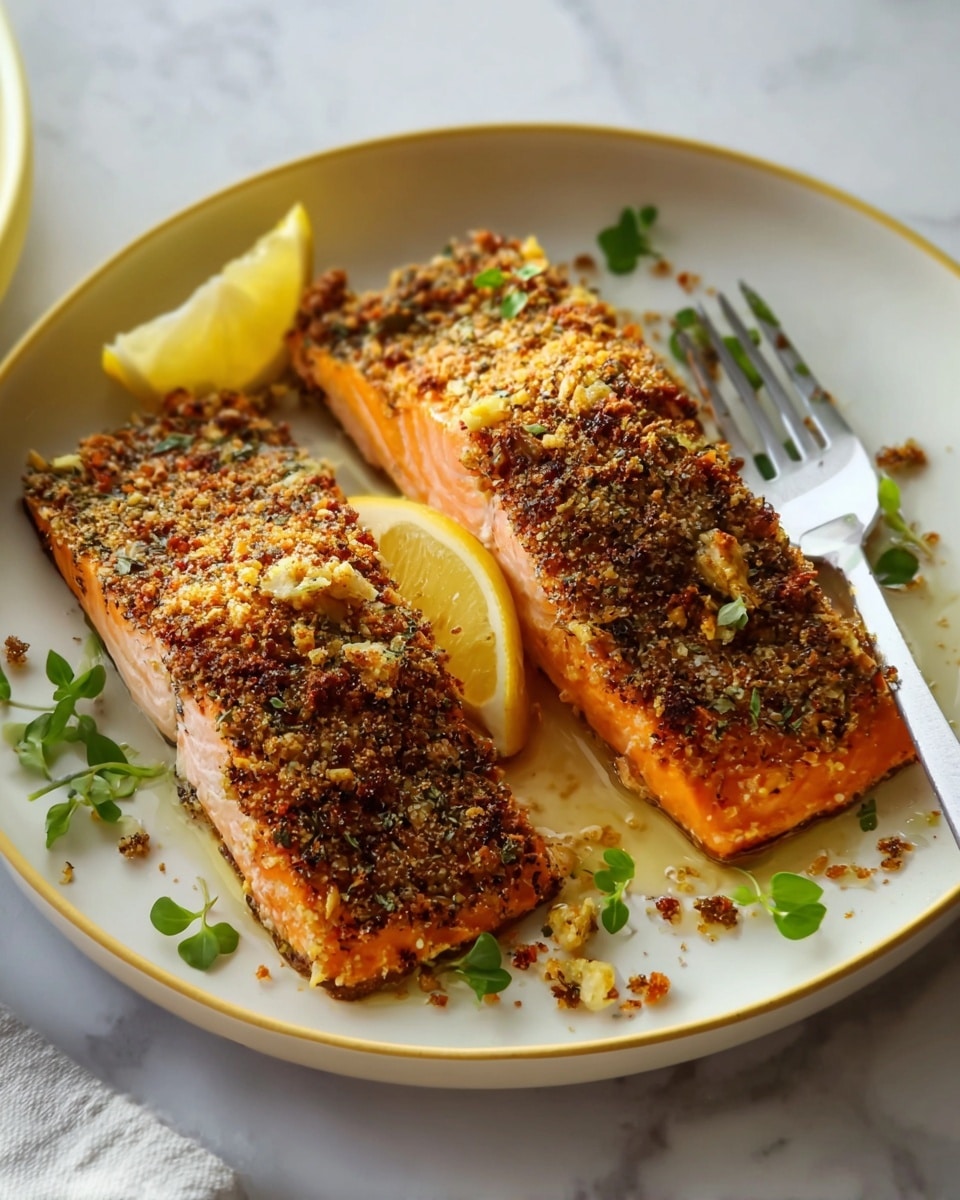 Two pieces of cooked salmon lay side by side in a white shallow bowl with a light yellow rim, each topped with a textured, slightly crispy golden-brown crust made from herbs and spices. The bright orange-pink flesh of the salmon is visible beneath the crust. A slice of lemon rests between and beside the fish, adding a pop of yellow color. Small green herb leaves are scattered around the salmon for garnish. A silver fork is placed at the upper right edge of the bowl. The bowl sits on a white marbled surface. Photo taken with an iphone --ar 4:5 --v 7