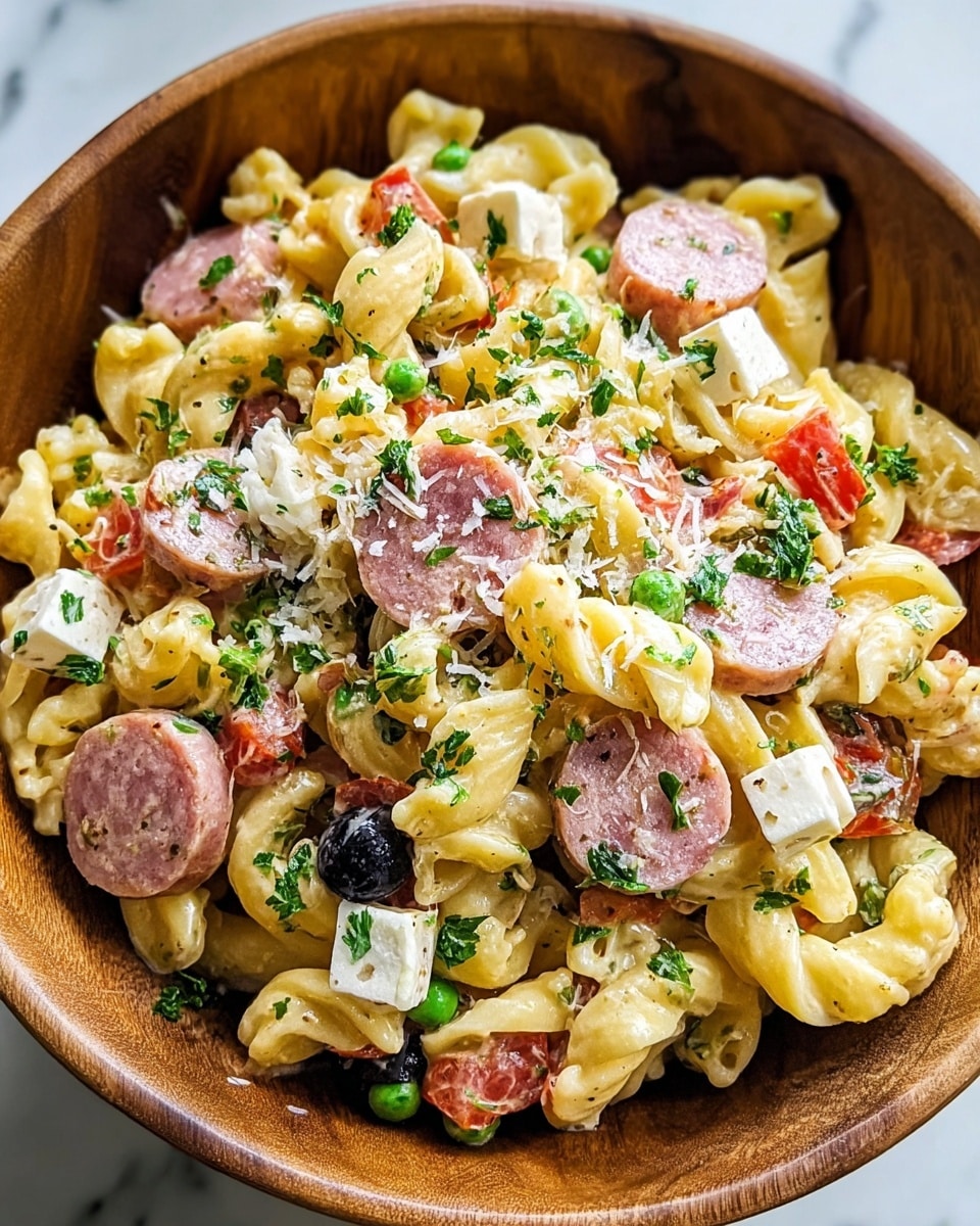 The dish shows twisted pasta in a deep wooden bowl, mixed with round slices of pink sausage, white cubes of cheese, black olive pieces, and small green peas. There are also bits of red tomato and green parsley sprinkled on top, along with a light dusting of grated white cheese. The pasta is creamy light yellow, and the ingredients are spread evenly throughout the bowl, creating a colorful and textured look. The background is a white marbled surface. photo taken with an iphone --ar 4:5 --v 7