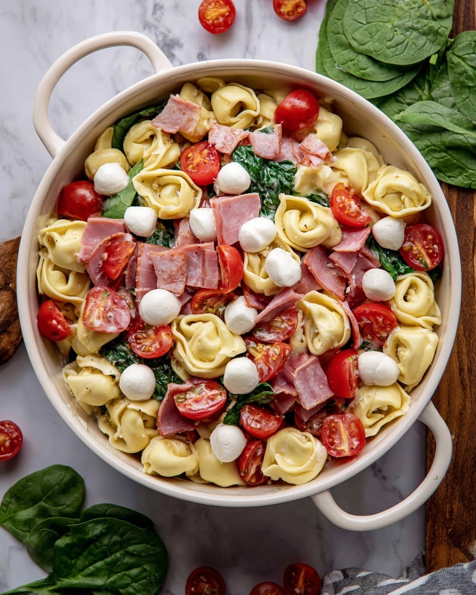 A white round pan filled with a colorful tortellini pasta salad, showing three main layers: the bottom layer is light yellow pasta tortellini with a soft texture, the middle layer has bright red halved cherry tomatoes with a juicy shine, and the top layer is scattered with small white mozzarella balls and pieces of pink ham, mixed with bright green spinach leaves. The pan is placed on a white marbled surface with some extra cherry tomatoes and spinach leaves around it, adding to the fresh look. photo taken with an iphone --ar 4:5 --v 7