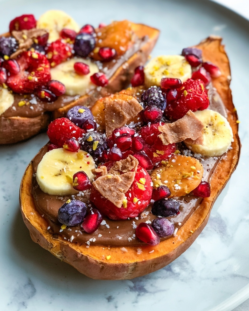 A toasted slice of sweet potato serves as the base layer, showing a light orange color with a slightly crispy edge. On top is a smooth, glossy layer of chocolate spread covering the sweet potato evenly. The third layer features an assortment of colorful fresh fruits, including sliced red raspberries, pomegranate seeds, yellow banana chips, and dark purple blackberries, placed randomly to create a vibrant mix. Small crunchy brown chunks are scattered across the top, adding texture. The entire dish is sprinkled with white and yellow small seeds to finish. All of this is set on a white plate with a light marbled texture. photo taken with an iphone --ar 4:5 --v 7