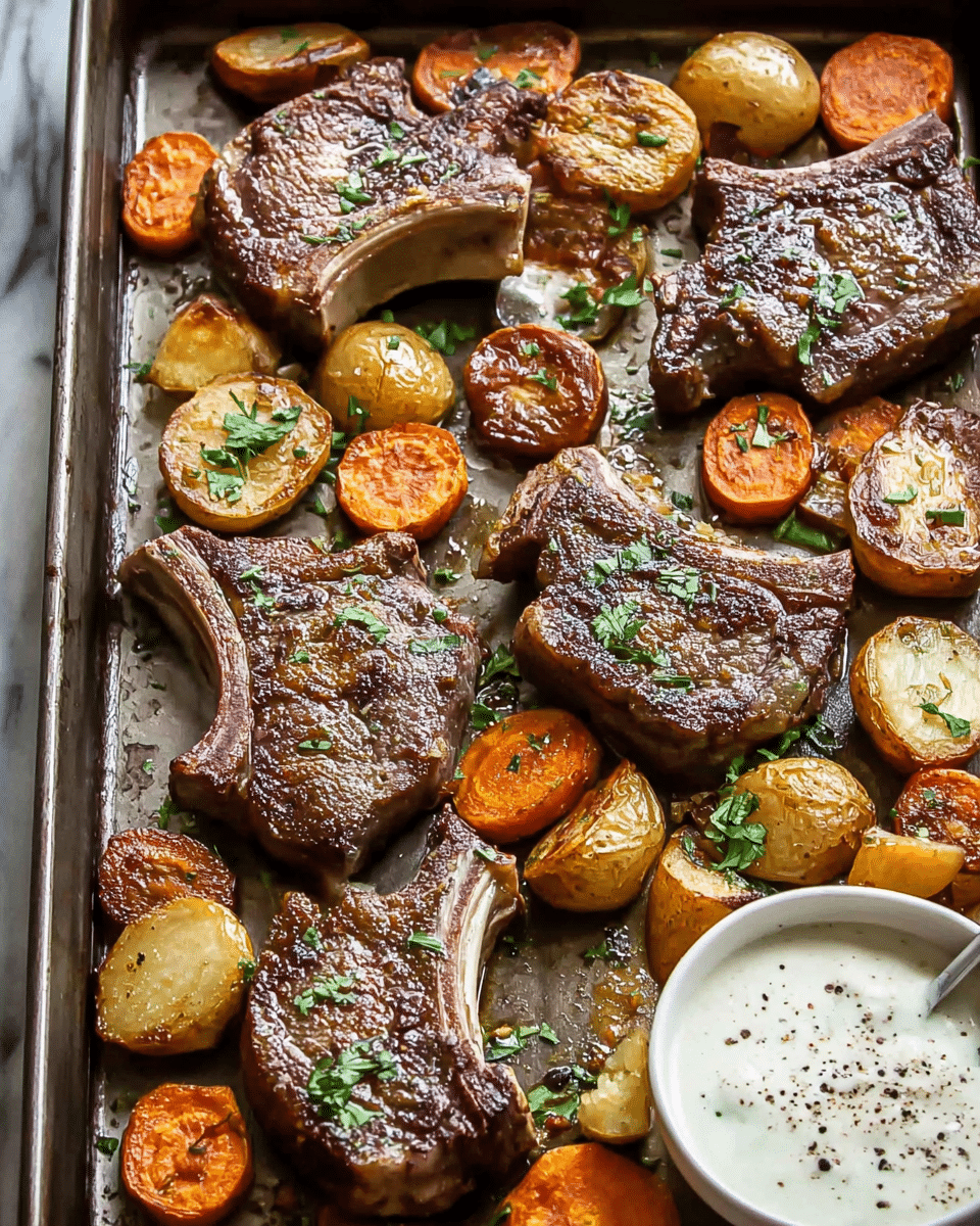 A close-up view of a metal baking tray filled with browned lamb chops and roasted vegetables. There are six pieces of lamb chops, each with a crisp, dark brown crust and some green herb garnish sprinkled on top. Around the lamb, there are round, orange roasted carrot slices and chunks of roasted light golden potatoes, all slightly caramelized. A small white bowl with creamy white sauce, speckled with black pepper, is placed on the bottom right corner of the tray. The background shows a white marbled surface under the tray. photo taken with an iphone --ar 4:5 --v 7