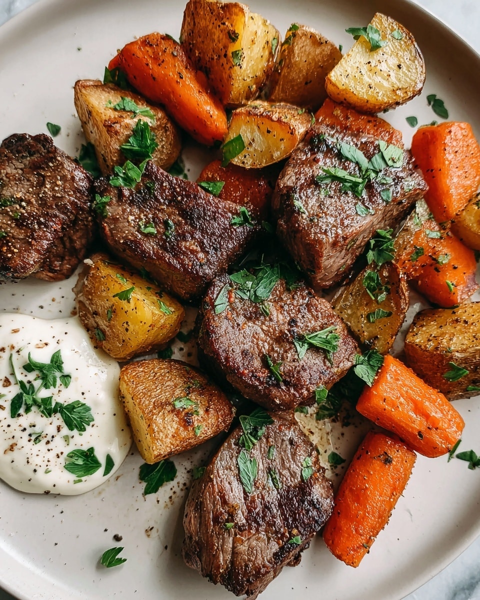 The dish shows four pieces of browned and juicy grilled steak, each piece sprinkled with fresh chopped green parsley on top. Around the steak pieces, there are roasted golden-brown potato chunks and bright orange carrot slices, all with a slight char and black pepper seasoning. To the side, there is a small dollop of creamy white sauce with green herb bits on top, adding contrast. The food sits on a white plate placed on a white marbled surface, creating a clean and bright look. photo taken with an iphone --ar 4:5 --v 7