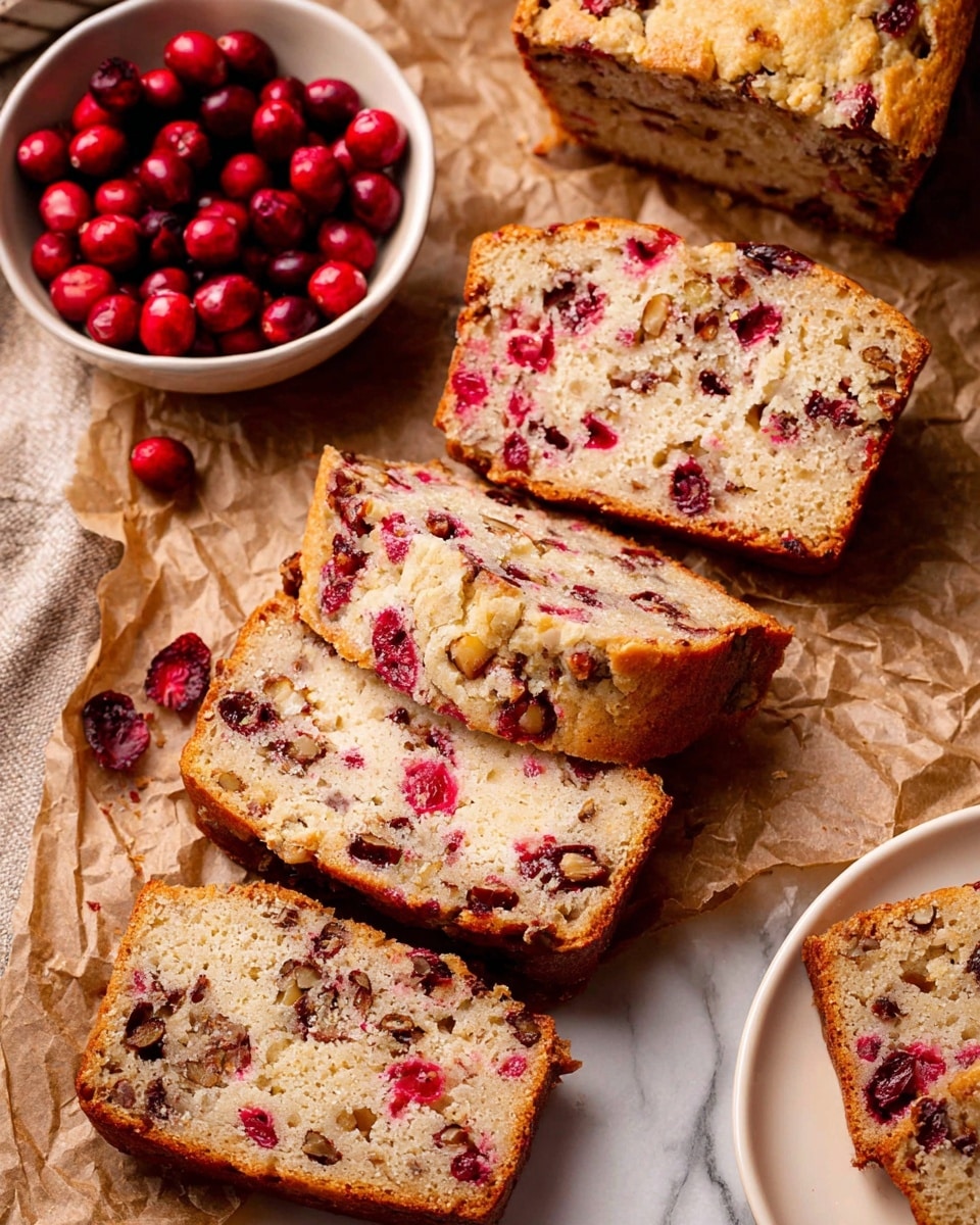 Several slices of cranberry and nut bread are laid out on crumpled brown parchment paper over a white marbled surface. The bread has a golden brown crust with a soft, light tan inside speckled with bright red cranberries and darker nut pieces evenly spread throughout. A small white bowl filled with fresh, shiny red cranberries sits to the left, while part of a white plate with more bread is visible at the right edge. The texture of the bread looks moist and dense, with the cranberries adding pops of glossy red color. photo taken with an iphone --ar 4:5 --v 7