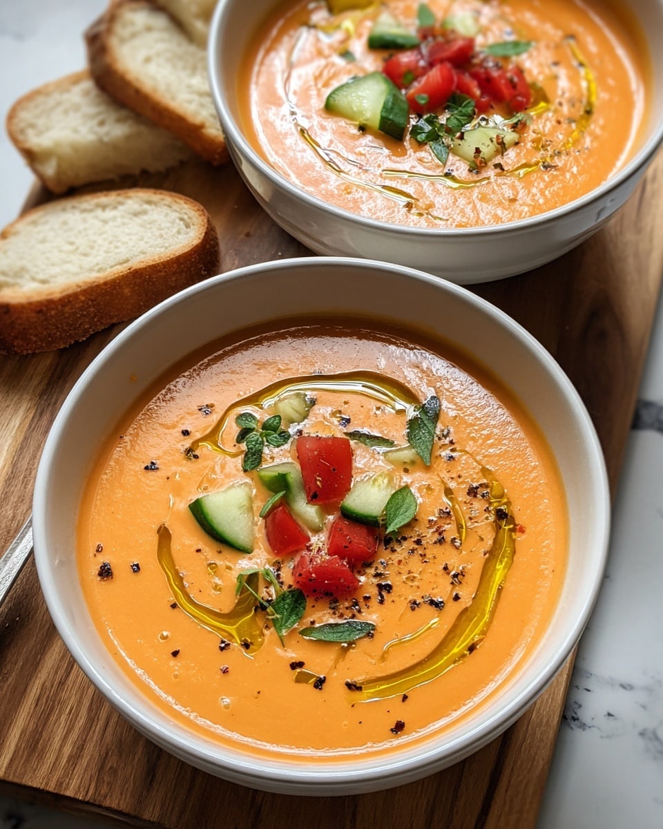 Two white bowls filled with smooth, orange creamy soup, with a swirl of golden olive oil on top of each. In the center of the soup, there are small, chopped pieces of red tomato and green cucumber, along with a few scattered green herb leaves and a sprinkle of black pepper. The bowls are placed on a light wooden board with slices of round bread leaning behind them. The background has a white marbled texture. Photo taken with an iphone --ar 4:5 --v 7