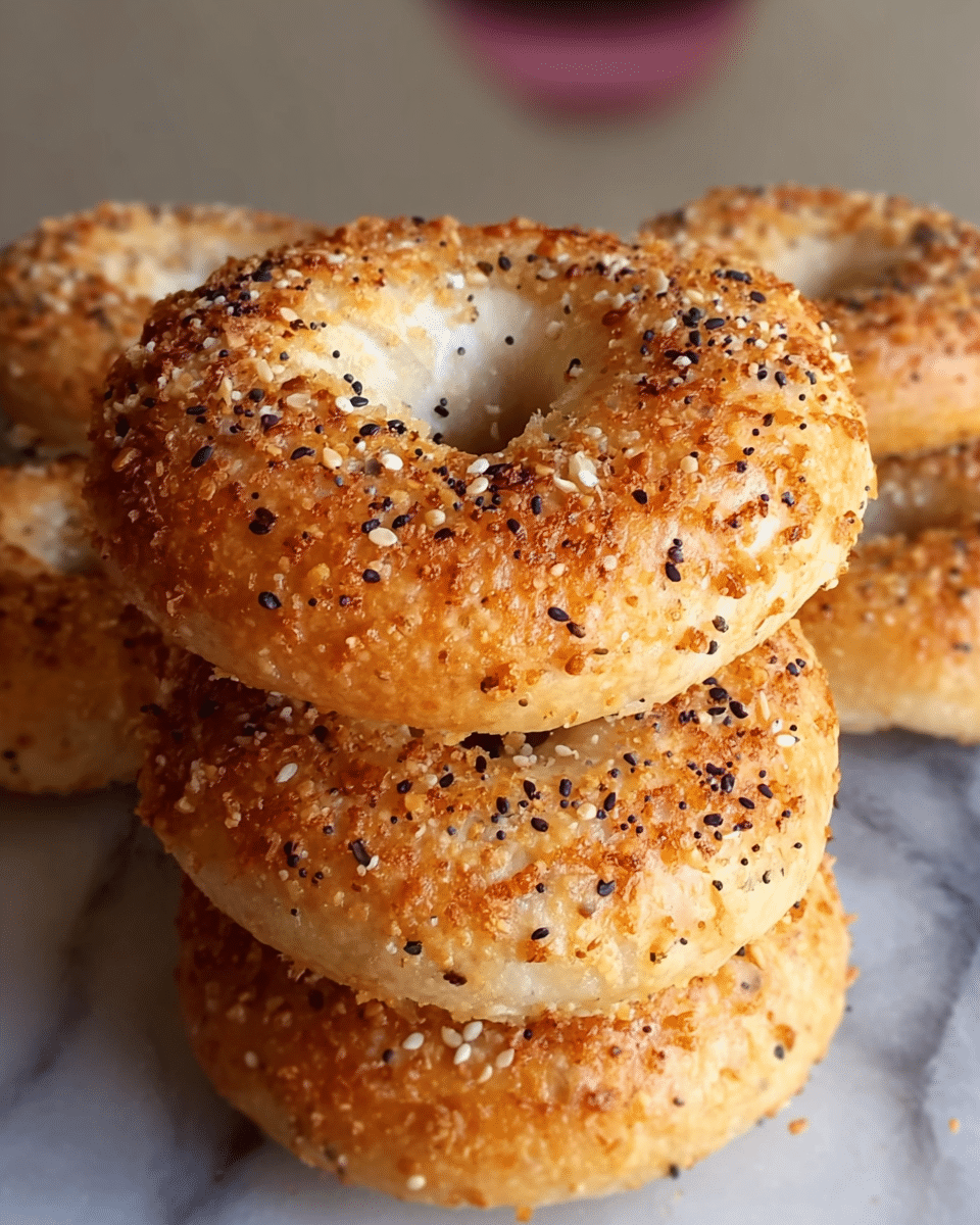 A close-up view shows a stack of four golden-brown bagels with a crispy, textured crust sprinkled with white sesame seeds and black seeds, each bagel having a hollow center hole. The bagels have a slightly uneven surface and a shiny baked finish, showing their fresh and crunchy texture. The background features a blurred face with lips visible, and the base is a white marbled texture. Photo taken with an iphone --ar 4:5 --v 7