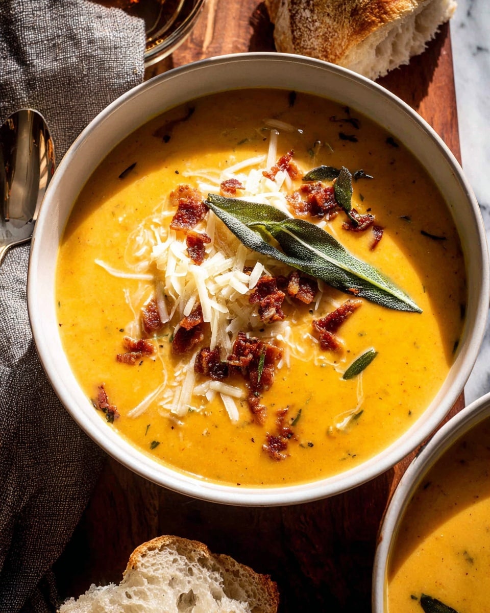 A white bowl filled with thick, creamy orange soup topped with shredded white cheese scattered mostly on one side, small crispy pieces of brown bacon spread over the cheese, and a sprig of dark green fried sage placed near the center, all sitting on a wooden surface with torn pieces of crusty bread with a brown crust and soft white inside nearby, alongside a folded gray linen napkin and a glass with a dark liquid partially visible, all on a white marbled texture background. photo taken with an iphone --ar 4:5 --v 7