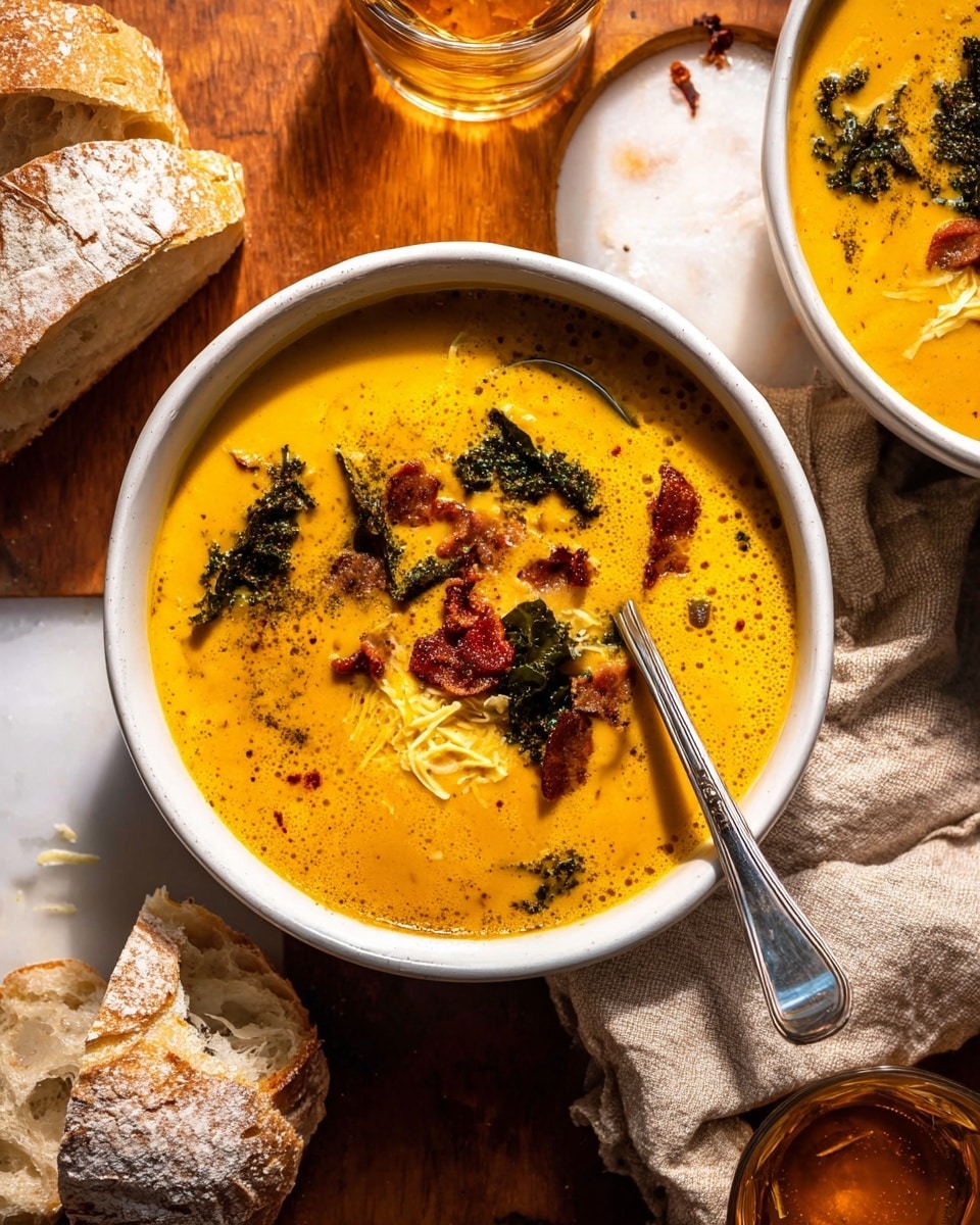 A white bowl filled with creamy orange soup that has a smooth texture and is garnished with dark green crispy leaves, small pieces of reddish-brown bacon, and light yellow shredded cheese scattered on top. A silver spoon is placed inside the soup on the left side, partially covered by the soup. Pieces of torn crusty bread with a flour-dusted surface sit near the bowl on a wooden surface contrasted with a white marbled texture underneath. A glass filled with a light amber drink is placed near the bottom right corner, next to a beige cloth napkin. Another white bowl with the same soup and garnishes is partially visible in the top right corner. photo taken with an iphone --ar 4:5 --v 7
