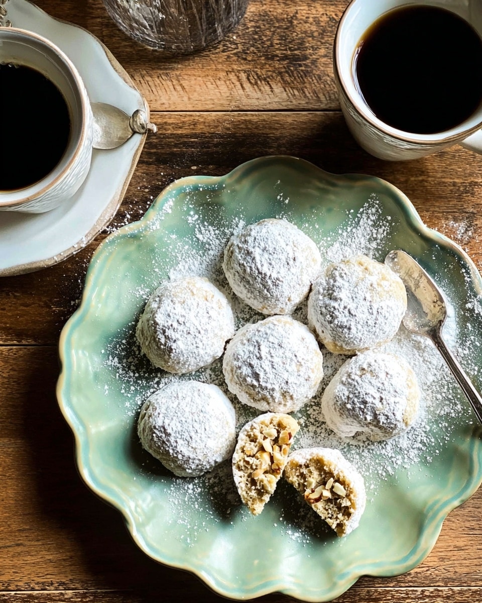 A light green scalloped plate holds nine round cookies covered in a thick layer of white powdered sugar, arranged loosely with two cookies broken open at the front showing a crumbly, beige interior with small nut pieces; the plate is on a wooden surface with two white cups of black coffee nearby, one with a silver spoon inside. photo taken with an iphone --ar 4:5 --v 7