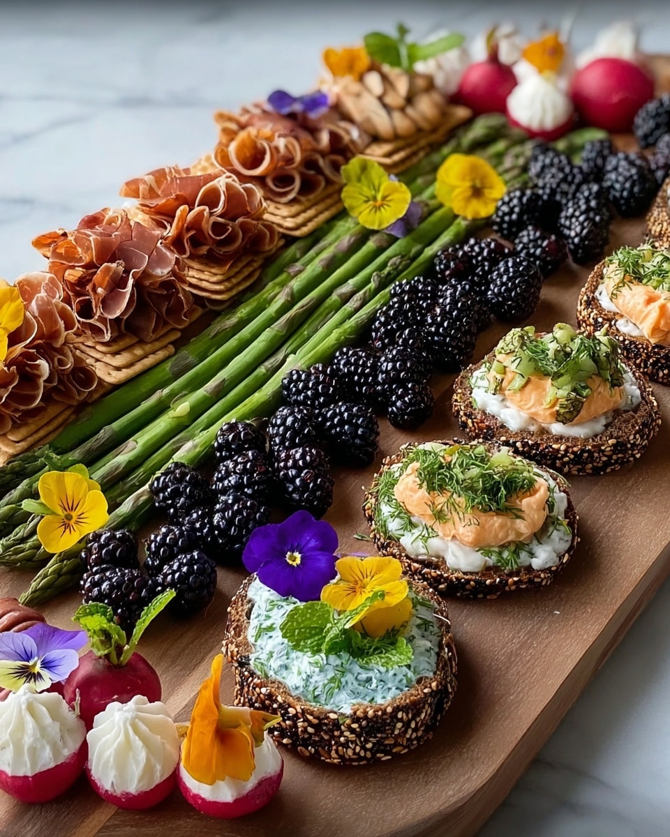 A wooden board holds a colorful arrangement of food against a white marbled texture. On the left, there are thin, curly slices of light brown prosciutto layered in a pile over small crunchy crackers. Next to it is a row of shiny black blackberries lined up in a neat strip. Beside the berries, several green asparagus stalks lie straight with small yellow and white edible flowers scattered on and around them. On the right side, there are round slices of dark bread with sesame seeds on the crust, each topped with a creamy white mixture with green herbs, and a dollop of light orange spread garnished with mint leaves and purple pansy flowers. Nearby, bright red radishes with green tops and small white and orange piped dollops are placed neatly. The board ends with more blackberries and small bites topped with almond nuts and fresh herb sprigs. Photo taken with an iphone --ar 4:5 --v 7