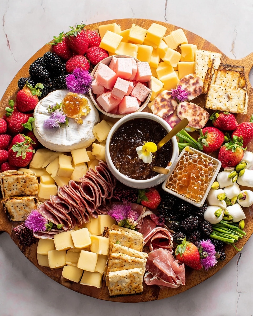 A large round wooden board filled with many colorful foods arranged in layers: at the top right, a white bowl holds light pink cubes of fruit decorated with a small yellow flower; next to it are fresh red strawberries, blackberries, raspberries, and white rounds of soft cheese with light grill marks, all scattered with pistachios; to the right, rectangular crackers sit beside a small brown dish of golden honeycomb with a gold spoon; below, slices of dark red cured meat edge the board, accompanied by pistachios and dried apricots. In the center, a small white pot is filled with dark brown jam or sauce, topped with a tiny white flower; around it are slices of pale yellow bread and white square cheese. On the left side are cubes of yellow and white cheese with crackers and thin slices of prosciutto, fresh strawberries, blackberries, and raspberries. A few sugar snap peas and edible flowers like purple chive blossoms and small white and yellow pansies are spread throughout. Some dark chocolate squares are placed near the cheese and crackers on the left side. The board rests on a white marbled surface. Photo taken with an iphone --ar 4:5 --v 7