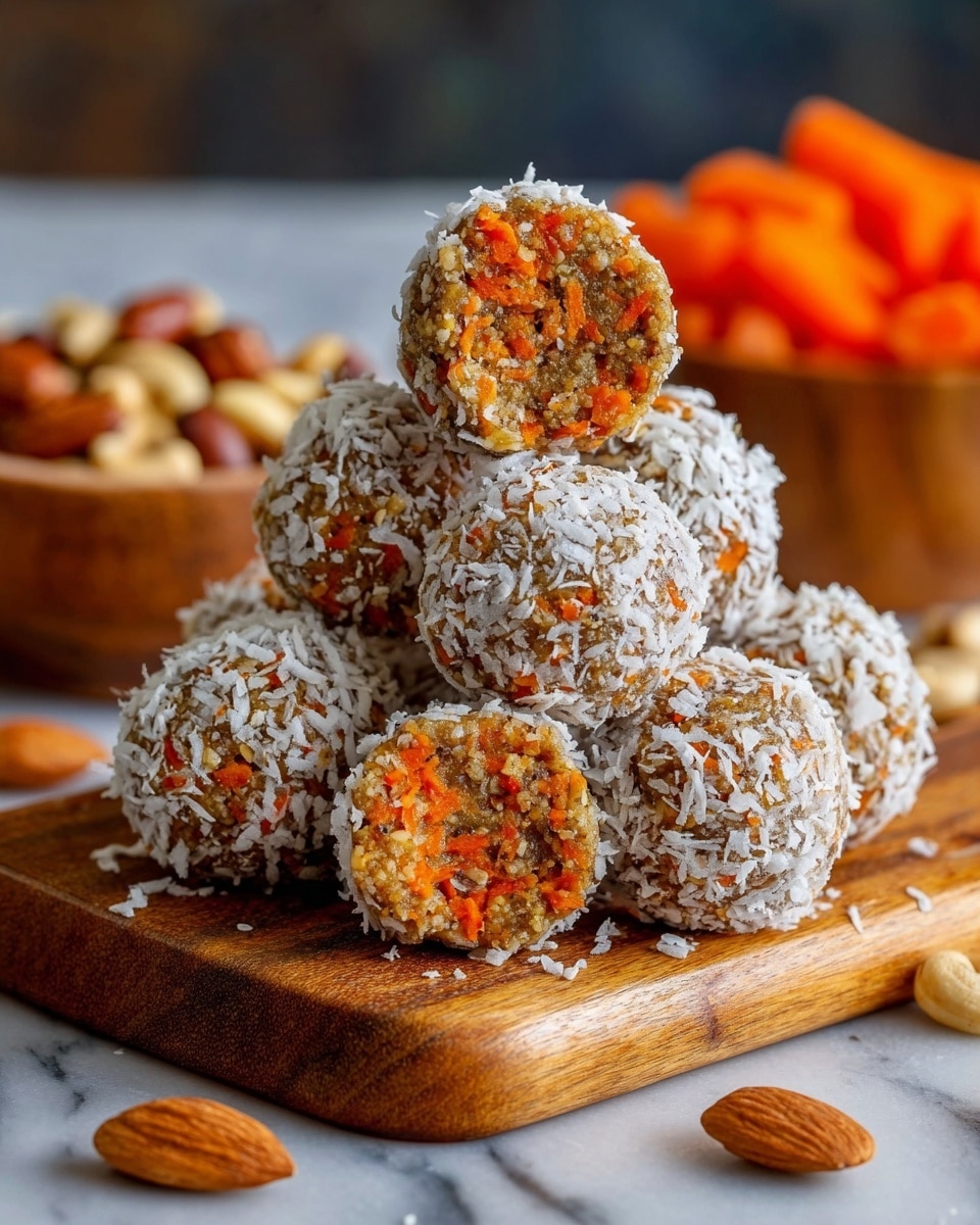 A pile of round snack balls stacked in a pyramid shape on a wooden board. Each ball has two layers: the inner layer is a mix of orange and brown with visible carrot shreds and nut pieces, while the outer layer is coated with white shredded coconut on some balls, and left plain on others. One ball is cut in half showing the textured inside filled with small orange carrot bits and nuts. The background has blurred orange carrot pieces and a wooden bowl with mixed nuts. The scene is on a white marbled surface. photo taken with an iphone --ar 4:5 --v 7