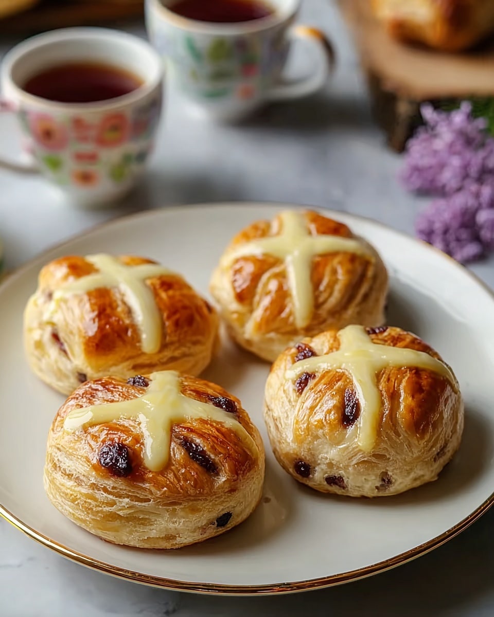 Four golden-brown, layered pastries sit on a white plate with a thin gold rim, each topped with a pale yellow cross made of icing and some dotted with dark brown spots of filling. The pastries show visible flaky layers and a shiny, glazed surface. In the blurred background, there are white cups and bowls with colorful small patterns, filled with dark brown and red liquids, placed on a white marbled surface with a few small purple flowers nearby. Photo taken with an iphone --ar 4:5 --v 7