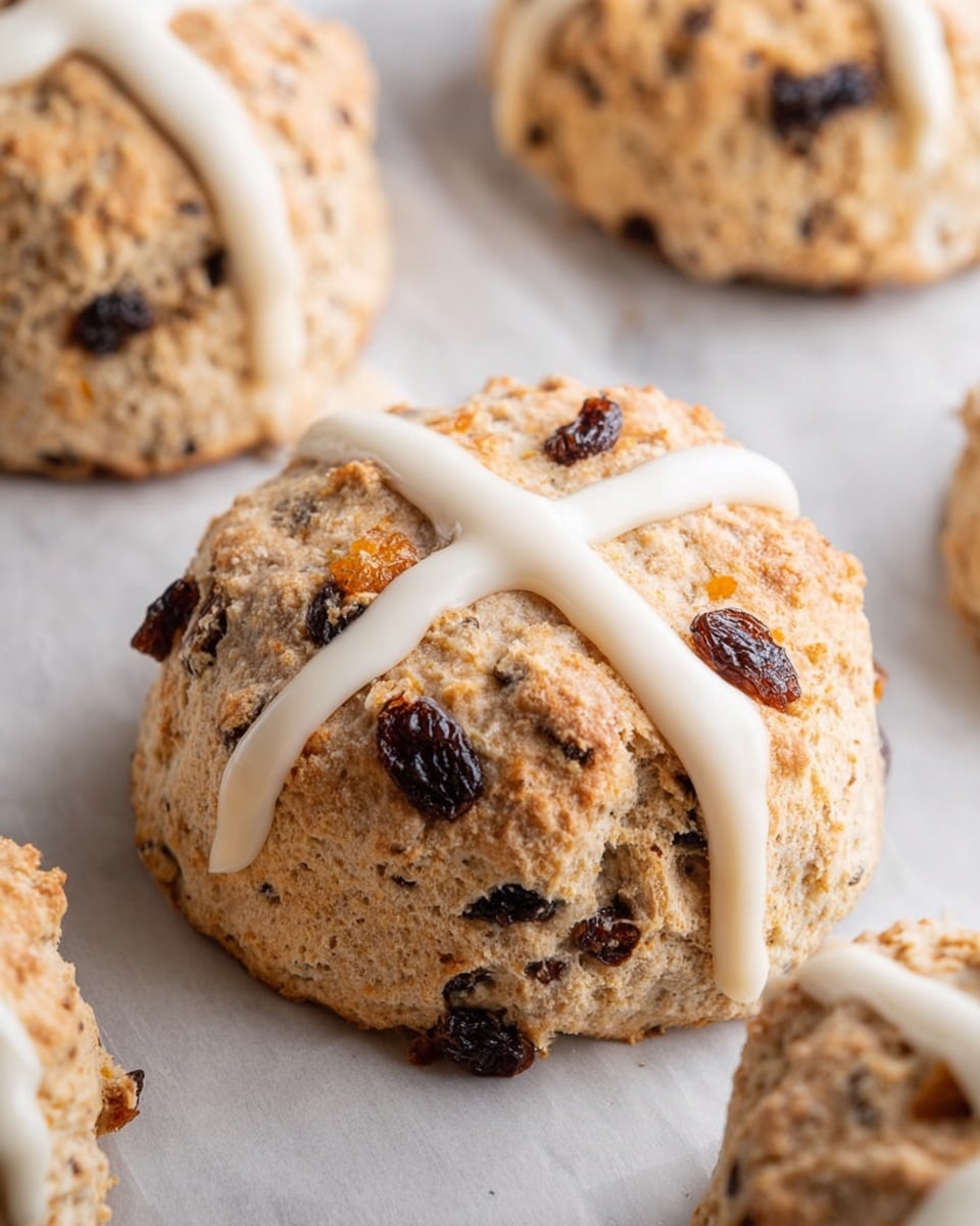A close-up view of a single round scone with a rough, crumbly light brown texture filled with dark raisins scattered unevenly inside. The scone is topped with two crossing lines of thick white icing forming a cross shape. Surrounding it are other scones with the same appearance partly visible in the background. All sit on white parchment paper placed on a white marbled texture surface. Photo taken with an iphone --ar 4:5 --v 7