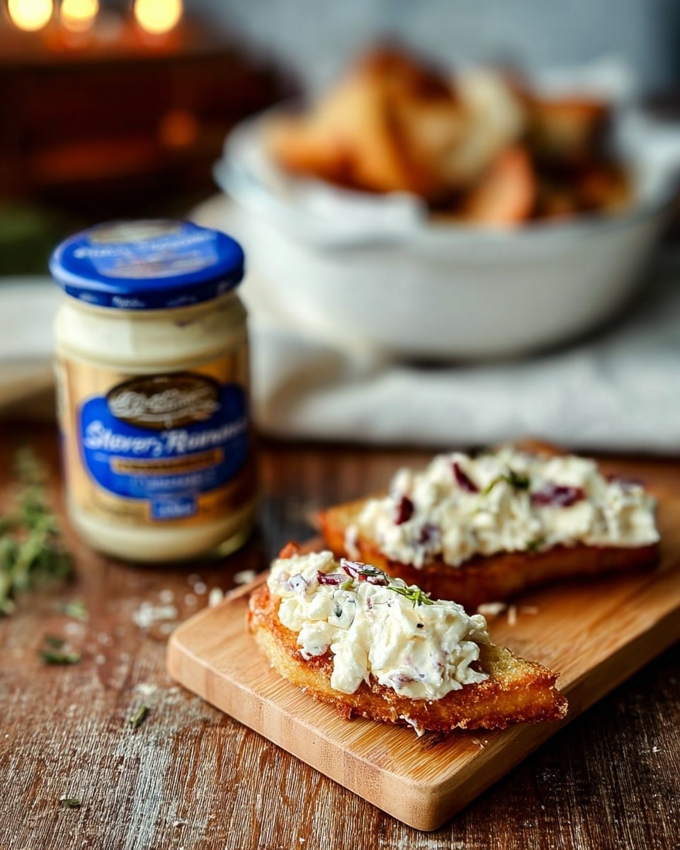 The image shows two pieces of crispy, golden-brown fried bread topped with a thick layer of creamy white cheese with some dark red bits inside, placed on a light wooden board. In the background, there is a white bowl with more golden-brown fried pieces and some green garnish visible. To the left, a jar of Silver Spring Extra Hot Prepared Horseradish with a blue lid and beige label stands on a textured brown wooden surface. The scene is cozy and warm, with soft light emphasizing the textures clearly. Photo taken with an iphone --ar 4:5 --v 7