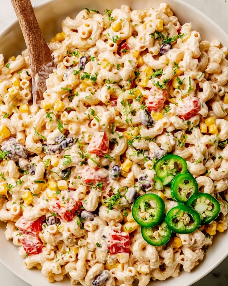 This is a close-up view of a creamy macaroni salad served in a large white bowl placed on a white marbled surface. The salad has three main layers visible, the base consisting of tender, pale yellow elbow macaroni coated evenly in a thick light creamy dressing. Mixed within are small chunks of bright yellow corn, black beans, and diced red bell peppers, adding pops of color and varied textures throughout. Finely chopped fresh green herbs are sprinkled on top, adding vibrancy, with three thin slices of fresh green jalapeño peppers arranged on the right side, enhancing the fresh and spicy look. In the upper left corner, a wooden spoon lifts some of the salad, with a woman's hand just touching the spoon handle. The photo taken with an iphone --ar 4:5 --v 7