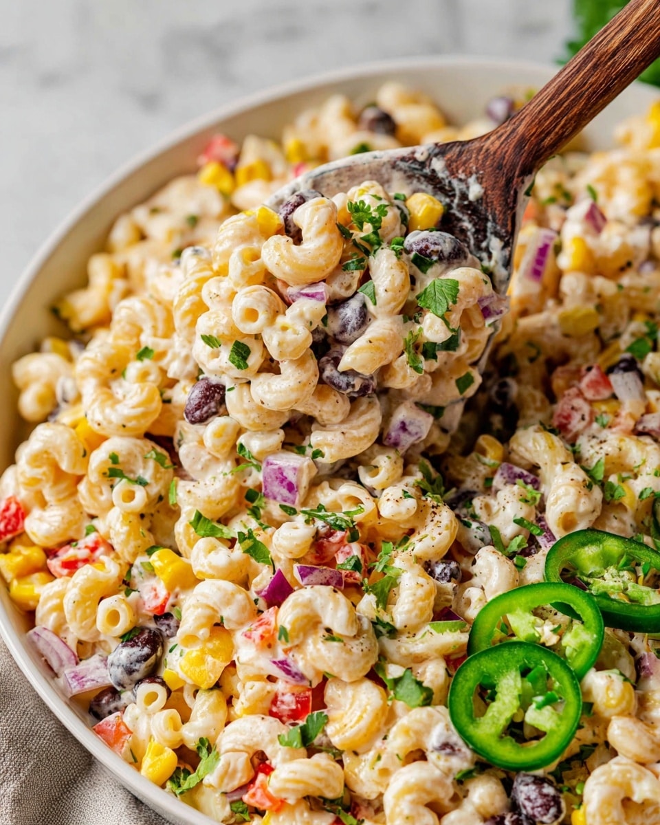 A close-up of a white bowl filled with creamy pasta salad that has three main layers: small spiral macaroni in pale yellow, a mix of diced red bell peppers and red onions with purple hues, and bright yellow corn kernels scattered throughout. Black beans add dark purple color randomly mixed in, and the salad is coated in a creamy light sauce. Fresh green chopped cilantro is sprinkled on top along with three slices of green jalapeño peppers placed on the right side. A wooden spoon covered in the creamy salad lifts a portion from the bowl, showing the mixture's texture clearly against a white marbled background. Photo taken with an iphone --ar 4:5 --v 7