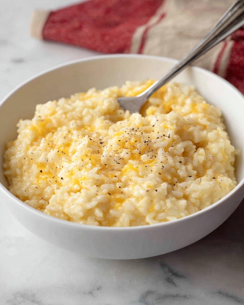 A close-up view of a white bowl filled with creamy, cheesy rice that has a soft, moist texture with visible melted cheese blending through the grains. The rice has a pale yellow and white color mix, sprinkled lightly with small black pepper bits on top. A silver fork is placed inside the bowl, slightly pressing into the rice, hinting at its soft and smooth consistency. The bowl is set against a white marbled surface with a blurred red and beige towel in the background. photo taken with an iphone --ar 4:5 --v 7