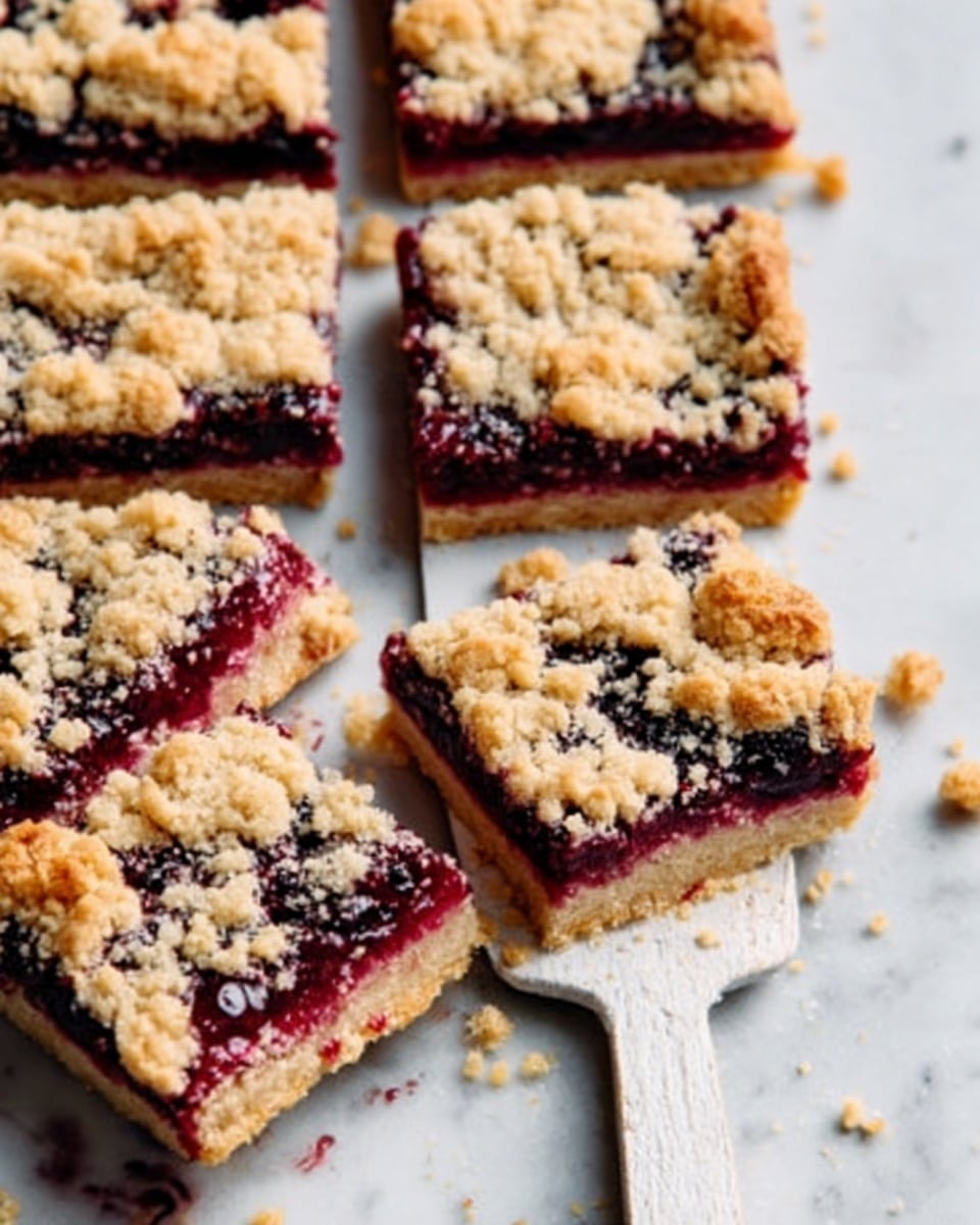 The image shows a close-up of crumbly fruit bars arranged on a white marbled surface. Each bar has three layers: a firm, golden-brown base; a thick, dark red fruit filling in the middle that looks glossy and slightly juicy; and a top layer of light golden crumbs with a rough texture, unevenly spread to create a rustic look. The bars are cut into rectangles, with crumbs scattered around them, and a white wooden spatula is partially visible underneath one piece. The scene is bright and natural. Photo taken with an iphone --ar 4:5 --v 7