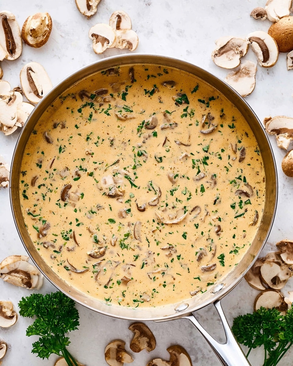 A top view of a shallow silver pan filled with creamy mushroom sauce, the sauce is light tan with small pieces of sliced mushrooms and chopped green parsley evenly mixed throughout. The pan has shiny handles on each side, resting on a white marbled surface scattered with whole and sliced fresh mushrooms, along with sprigs of green parsley for decoration. The texture of the sauce looks smooth and creamy with visible bits of mushrooms and herbs. Photo taken with an iphone --ar 4:5 --v 7