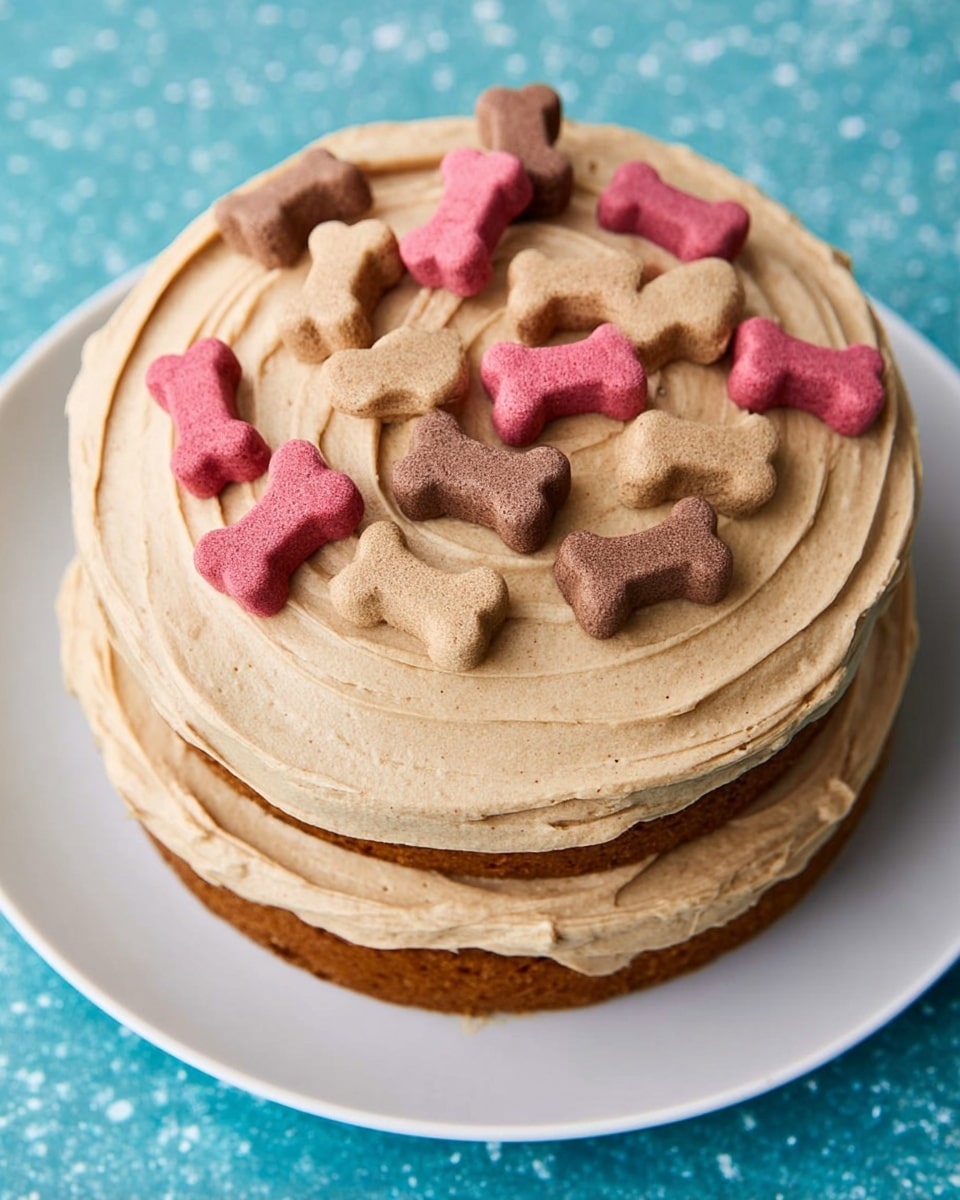 A two-layer round cake on a white plate, each layer covered with smooth, light brown frosting with visible swirl textures; the top layer is smaller and centered on the bottom one. On top and around the base of the cake, there are small bone-shaped treats in three colors: pink, brown, and beige. The cake sits on a blue textured surface replaced by a white marbled texture. Photo taken with an iphone --ar 4:5 --v 7