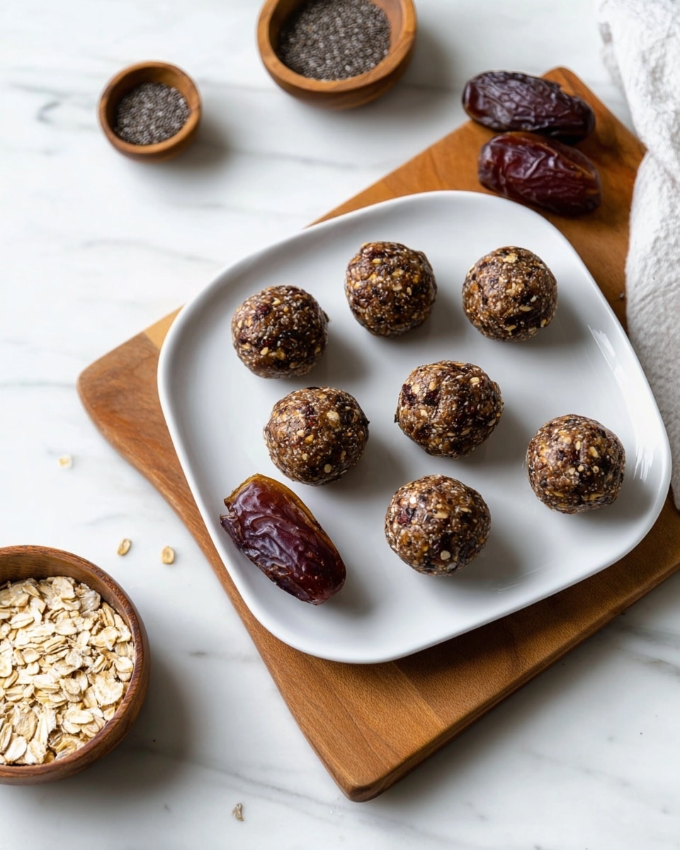 The image shows a white square plate with rounded corners placed on a wooden cutting board over a white marbled surface. On the plate, there are eleven round energy balls made of oats and dates, showing a rough texture with visible oat flakes embedded in a dark brown base. Two whole dates, dark reddish-brown with a wrinkled texture, are placed near the edge of the plate. Surrounding the plate are small bowls with ingredients: one bowl contains black chia seeds and the other has rolled oats, both placed on the white marbled surface next to the plate. Photo taken with an iphone --ar 4:5 --v 7