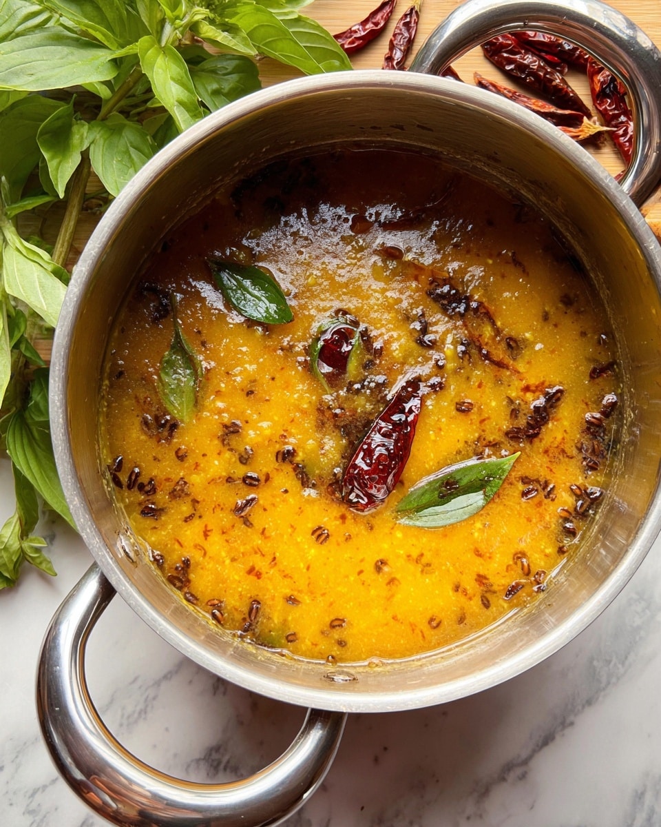 A close-up of a stainless steel pot filled with a rich, yellow-orange lentil soup layered with a shiny, oily texture on the surface. The soup has visible dark brown cumin seeds floating, along with whole dried red chilies and bits of green chili pieces. The pot is partially covered with a slightly open stainless steel lid. Around the pot, there are fresh green basil leaves on a white marbled textured surface, and several dried red chili peppers scattered nearby. The handle of the pot curves towards the viewer with a metallic shine. Photo taken with an iphone --ar 4:5 --v 7