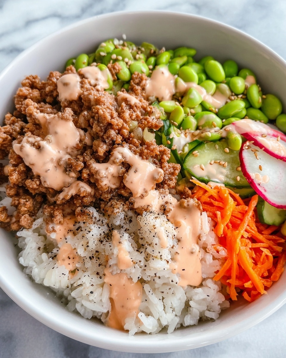 A white bowl filled with layers of food on a white marbled surface. The bottom layer is white rice with a slightly sticky texture, sprinkled lightly with black pepper. On top of the rice, there is a layer of cooked ground meat, brown and crumbly, also sprinkled with black pepper. To one side, there is a section of bright green edamame beans with a smooth, shiny texture. Next to the edamame, there's a colorful salad with thin slices of radish, green cucumber pieces, and bright orange shredded carrots. The entire dish is drizzled generously with a creamy, light pink sauce that has specks of black pepper and sesame seeds scattered across it. Photo taken with an iphone --ar 4:5 --v 7