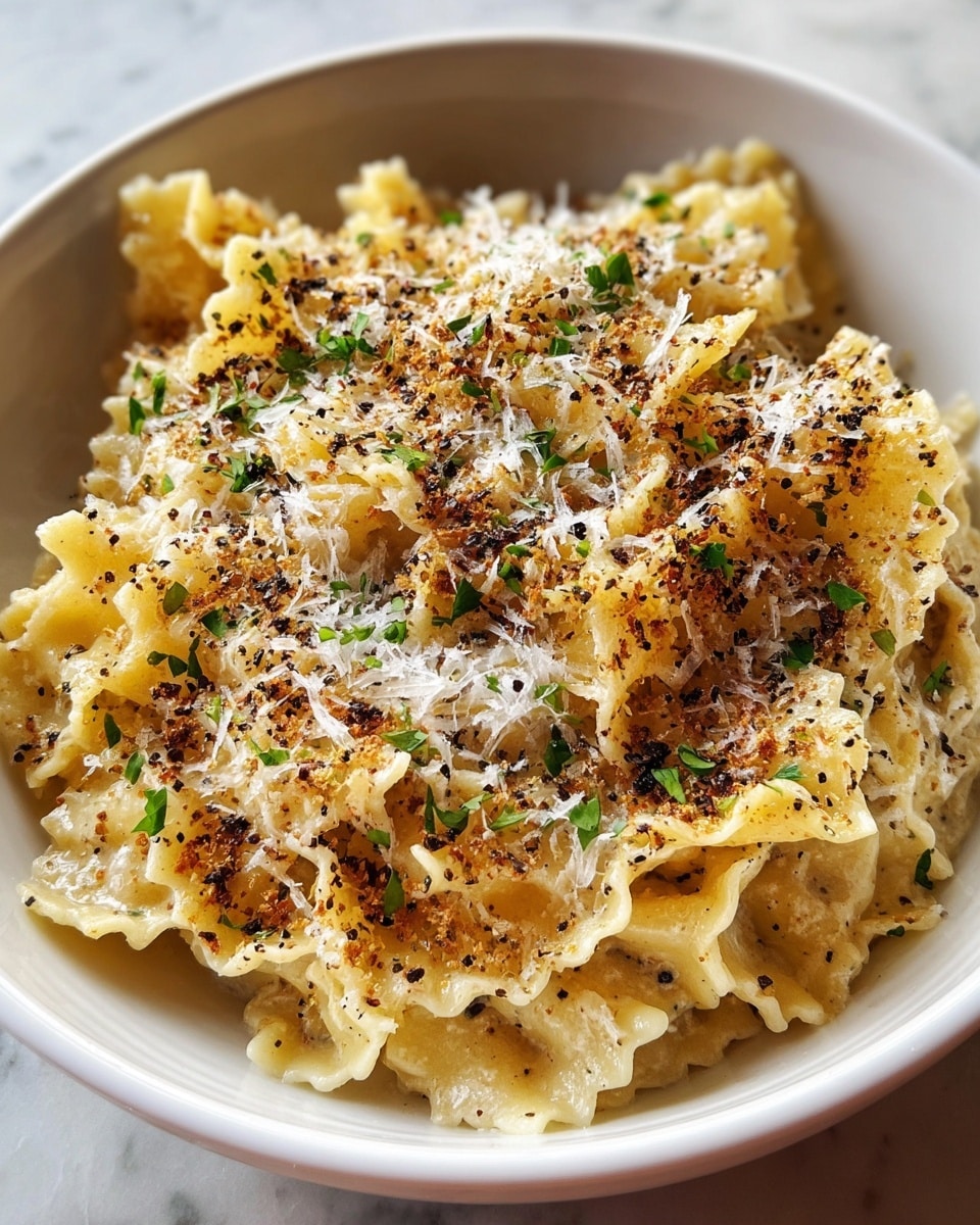 A white bowl filled with three layers of wavy, light golden pasta sheets that have a slightly crispy, browned texture on top. The top layer is sprinkled with finely grated white cheese and small pieces of chopped fresh green herbs scattered unevenly. The pasta has a creamy, slightly shiny sauce coating with black pepper specks visible throughout, giving a rich and textured look. The bowl is placed on a white marbled surface, softly lit, showing details of the pasta’s ridges and toasted edges. photo taken with an iphone --ar 4:5 --v 7